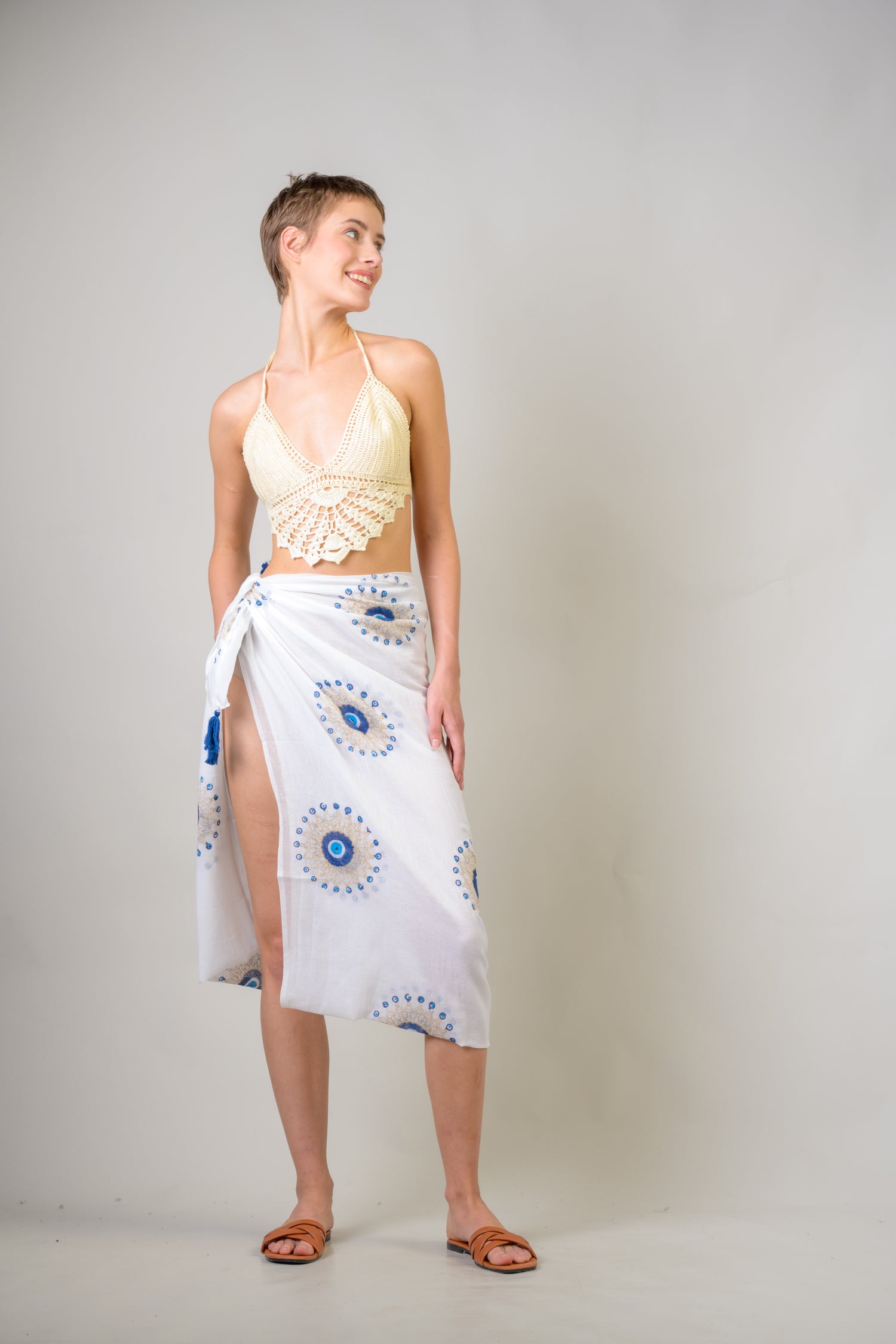 Rhea Hand Painted Tasseled Scarf Blue / One Size