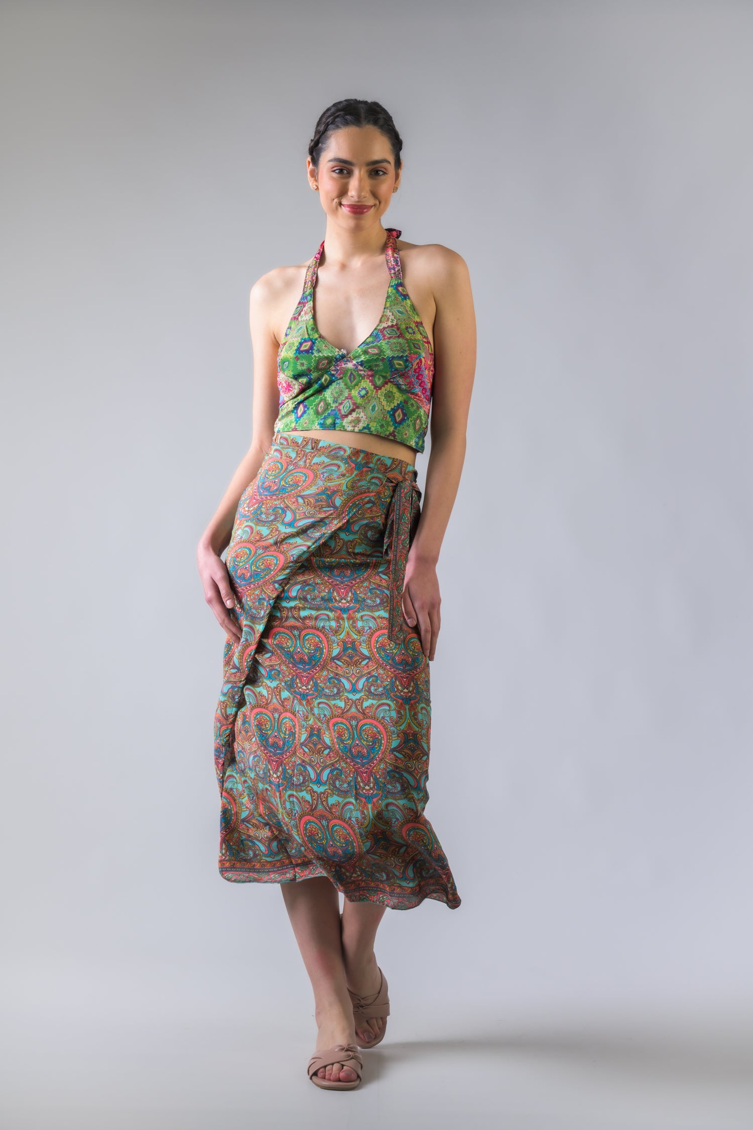 Rhea Flowers Print Long Wrap Skirt Green / One Size