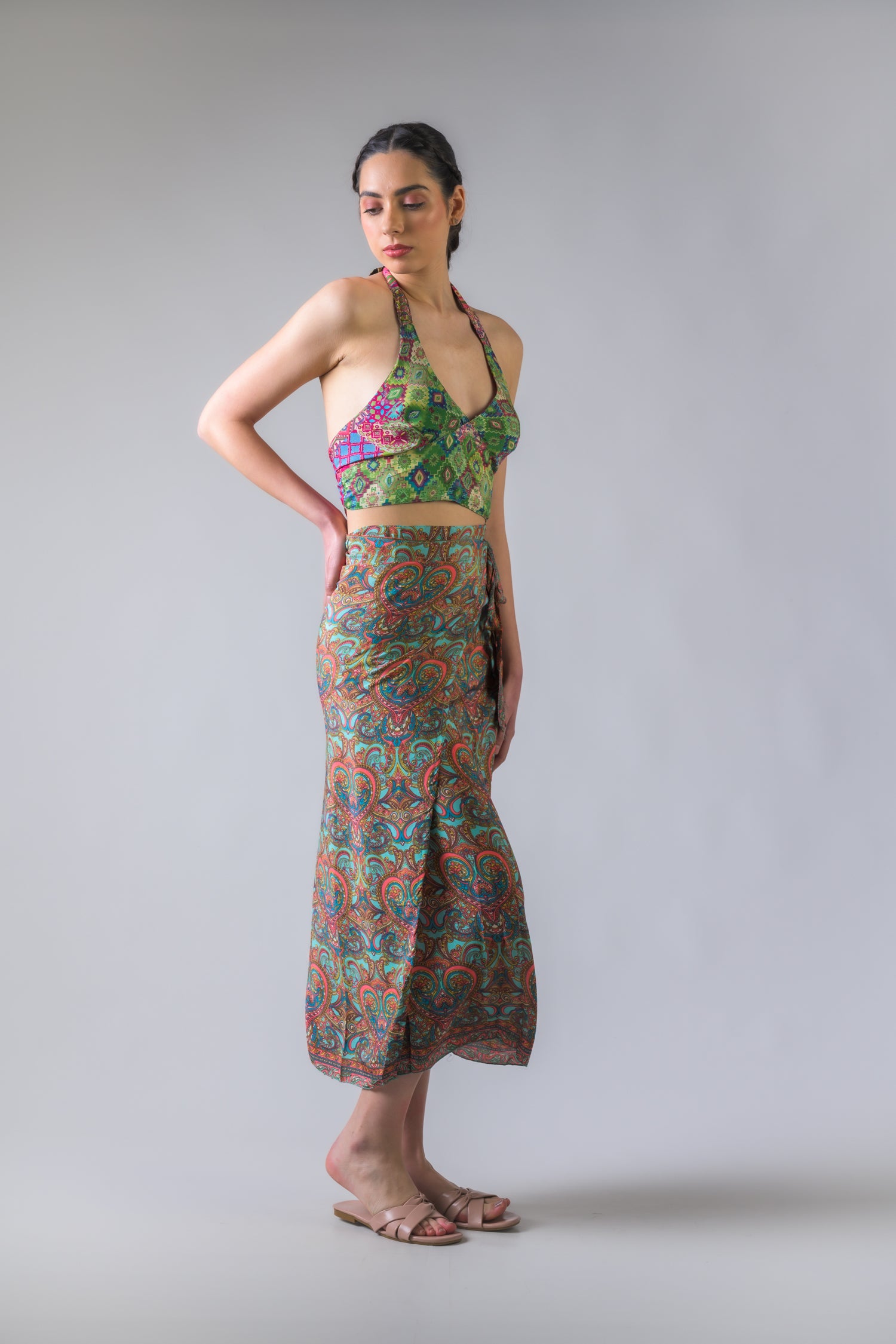 Rhea Flowers Print Long Wrap Skirt Green / One Size