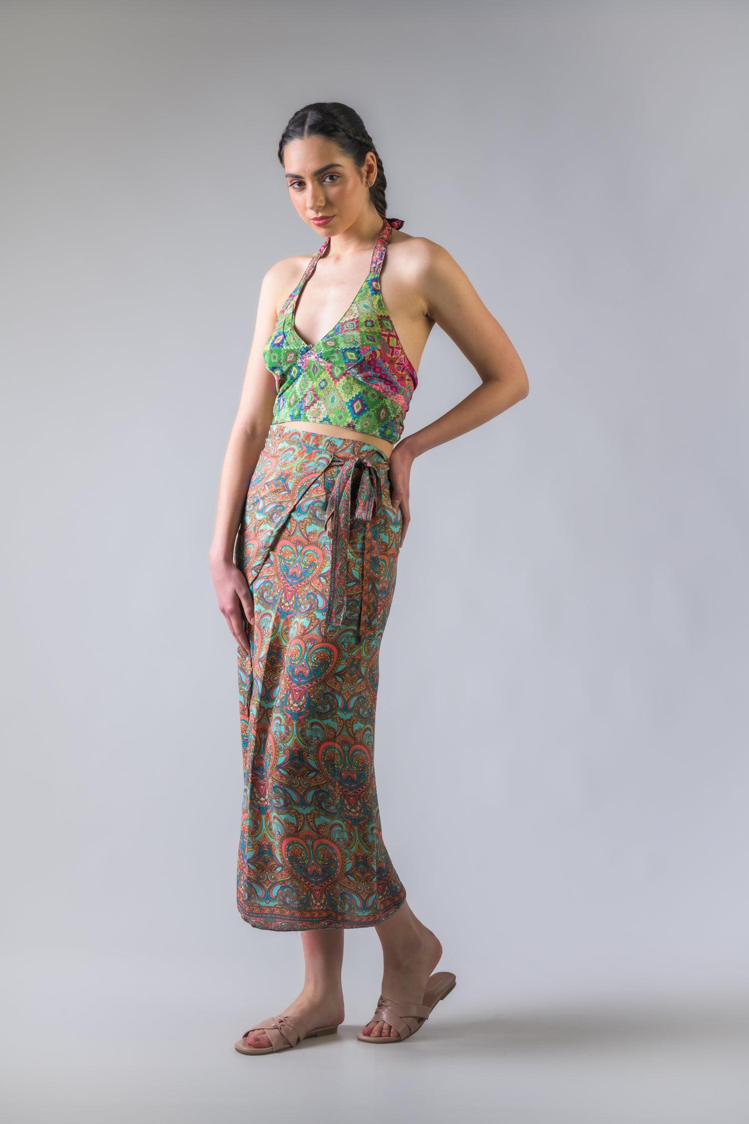 Rhea Flowers Print Long Wrap Skirt Green / One Size