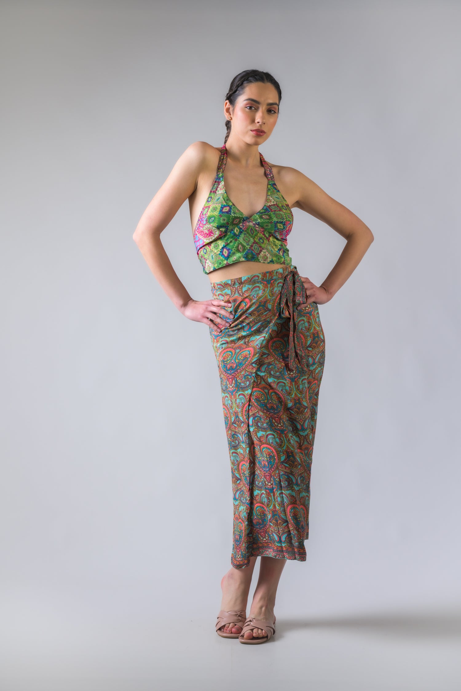 Rhea Flowers Print Long Wrap Skirt Green / One Size