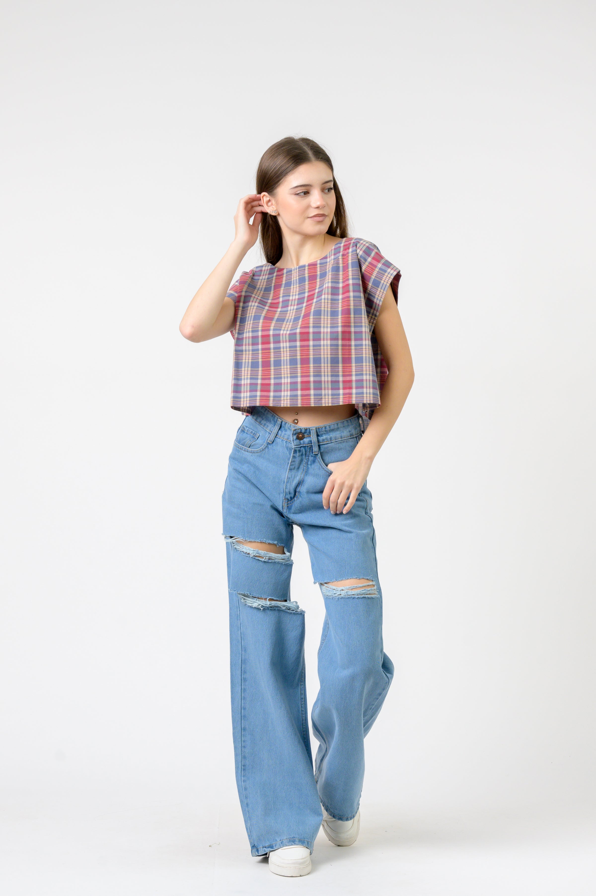 Rhea Pink Blue Checked Vigo Top