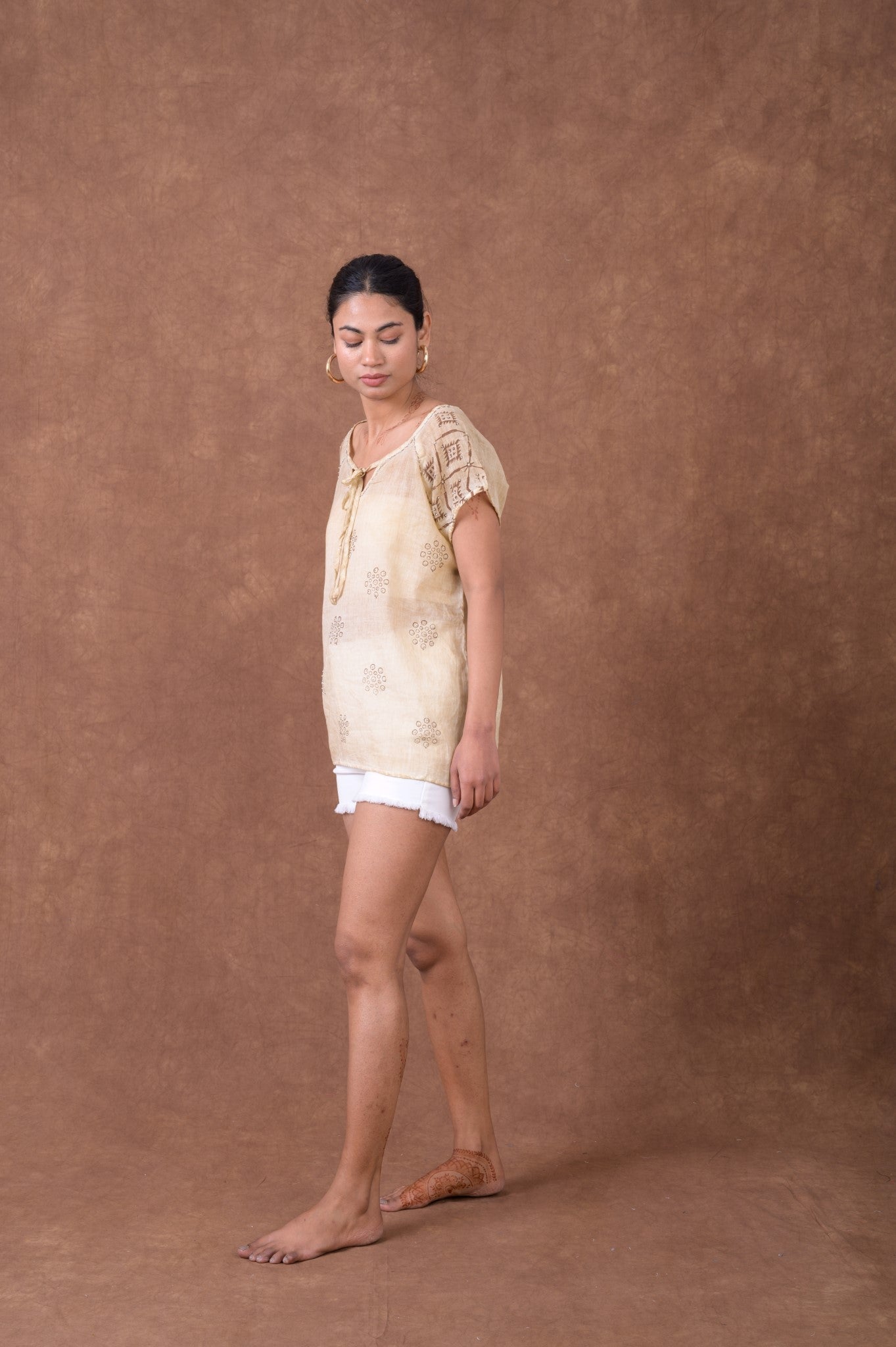 Rhea Short Sleeve Print Top Beige / L/X