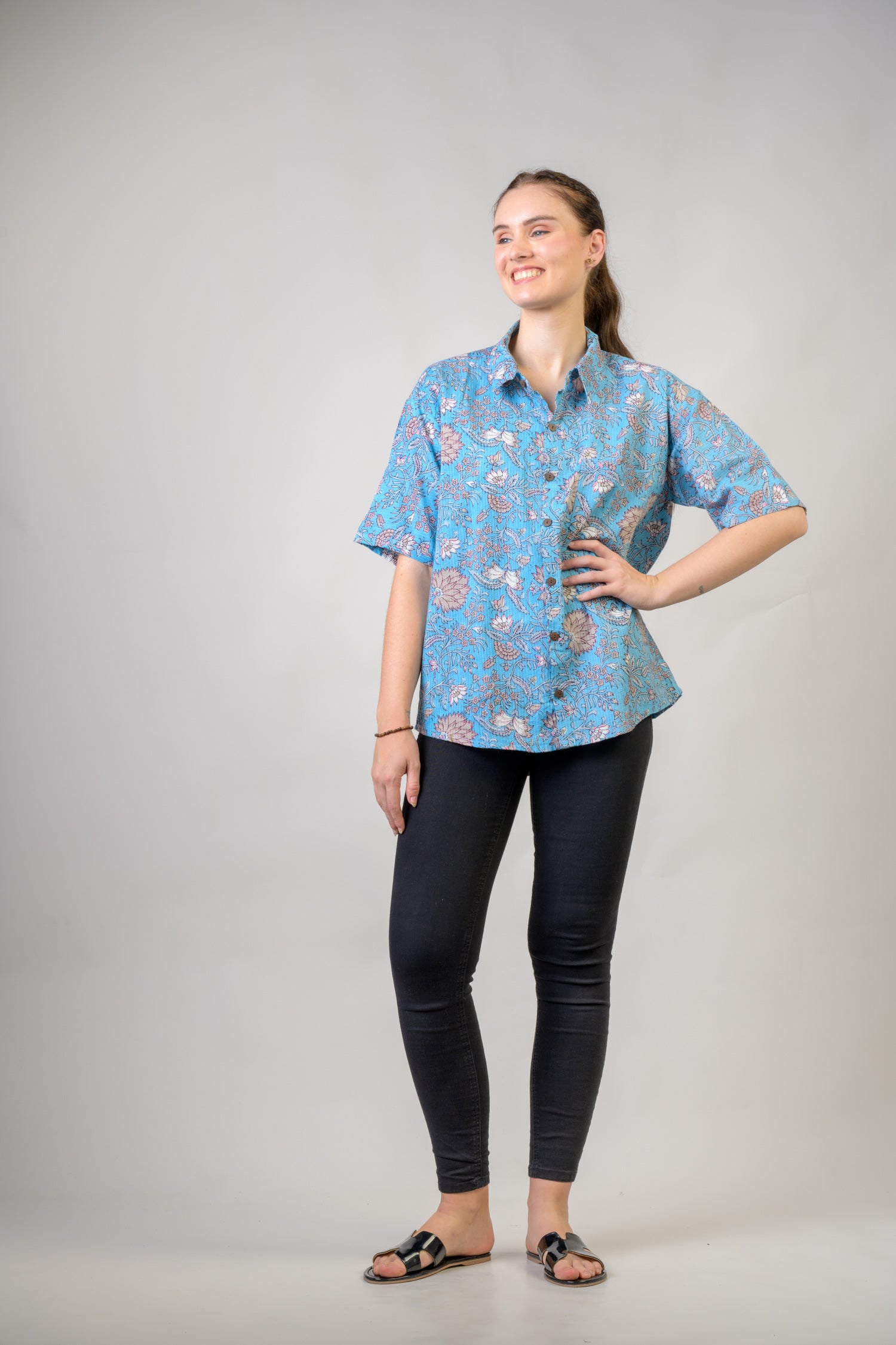 Rhea Short Sleeve Collar Print Top Blue / Small