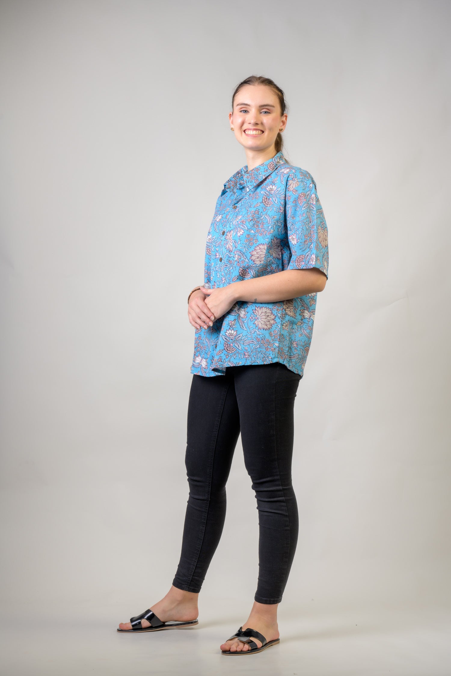 Rhea Short Sleeve Collar Print Top Blue / Small