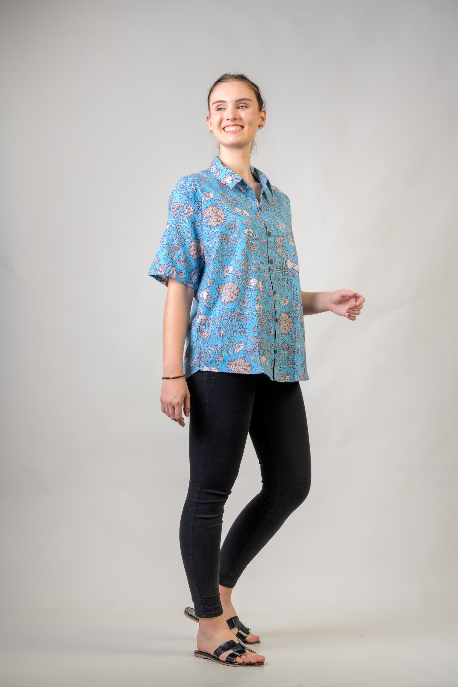 Rhea Short Sleeve Collar Print Top Blue / Small
