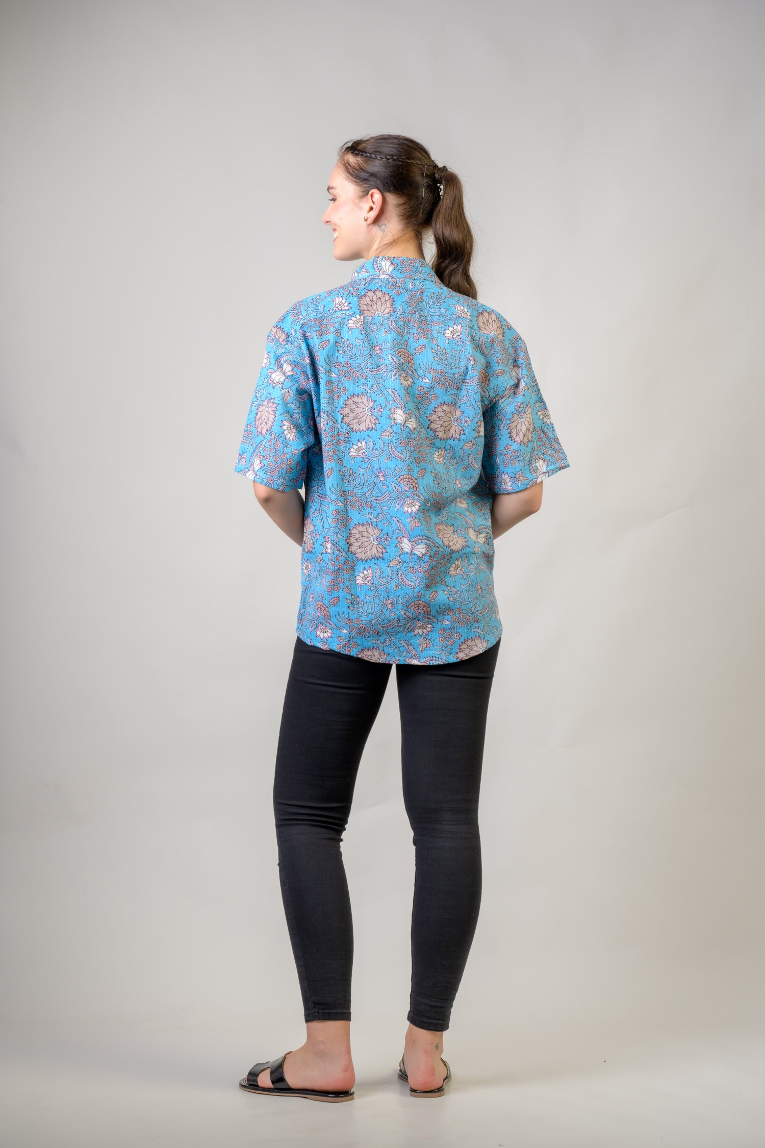 Rhea Short Sleeve Collar Print Top Blue / Small