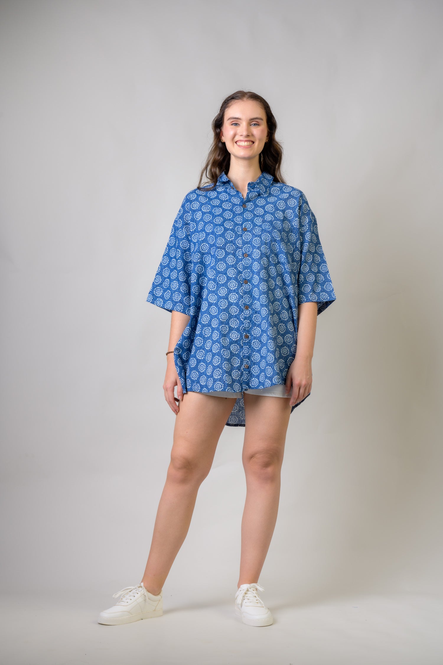 Rhea Short Sleeve Collar Print Top Blue / 2XLarge
