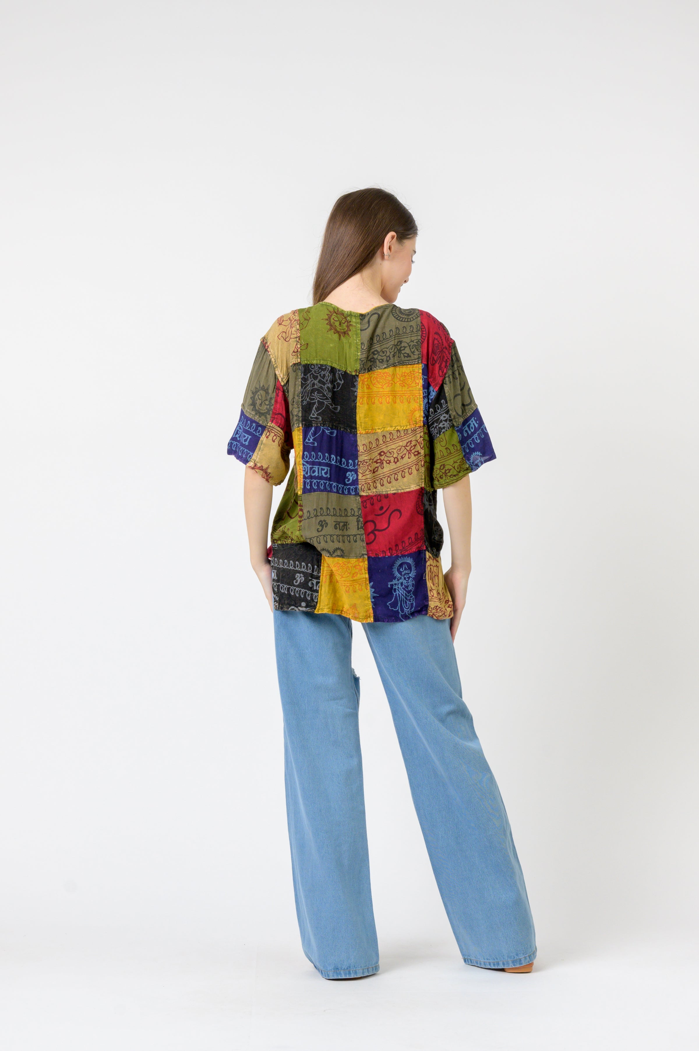 Rhea Om Print Pied Patch Short Sleeve Top