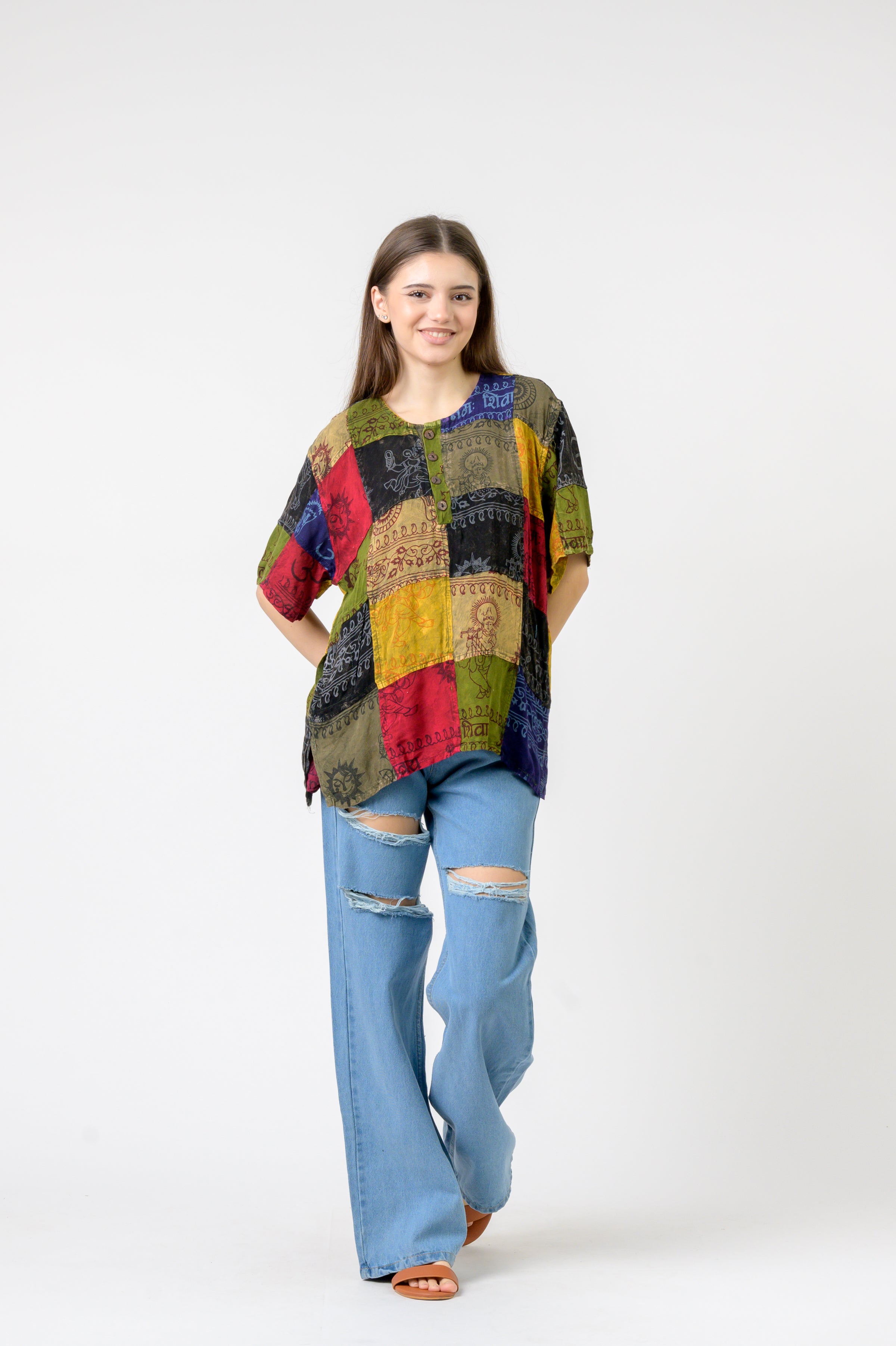 Rhea Om Print Pied Patch Short Sleeve Top