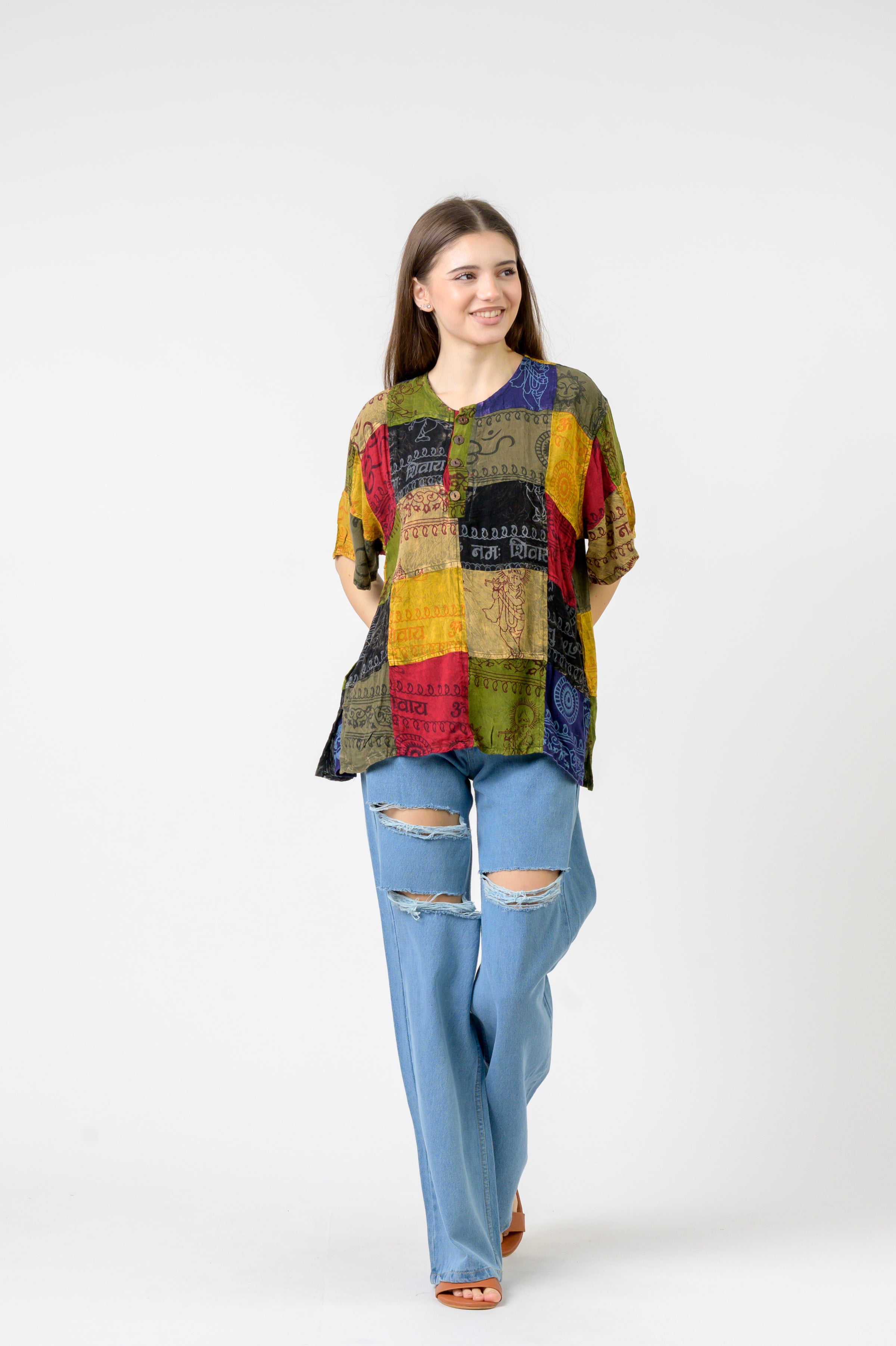 Rhea Om Print Pied Patch Short Sleeve Top