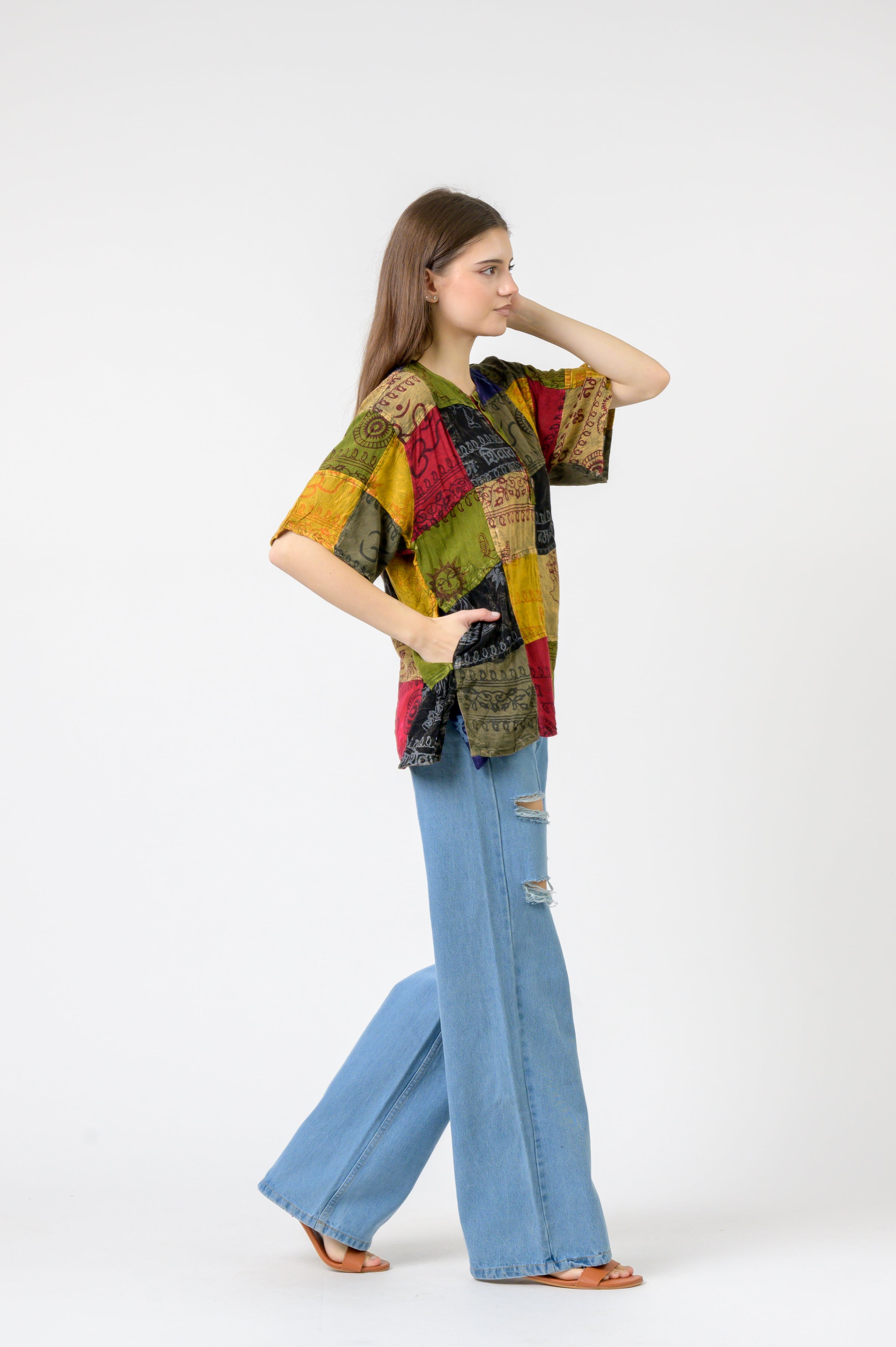 Rhea Om Print Pied Patch Short Sleeve Top