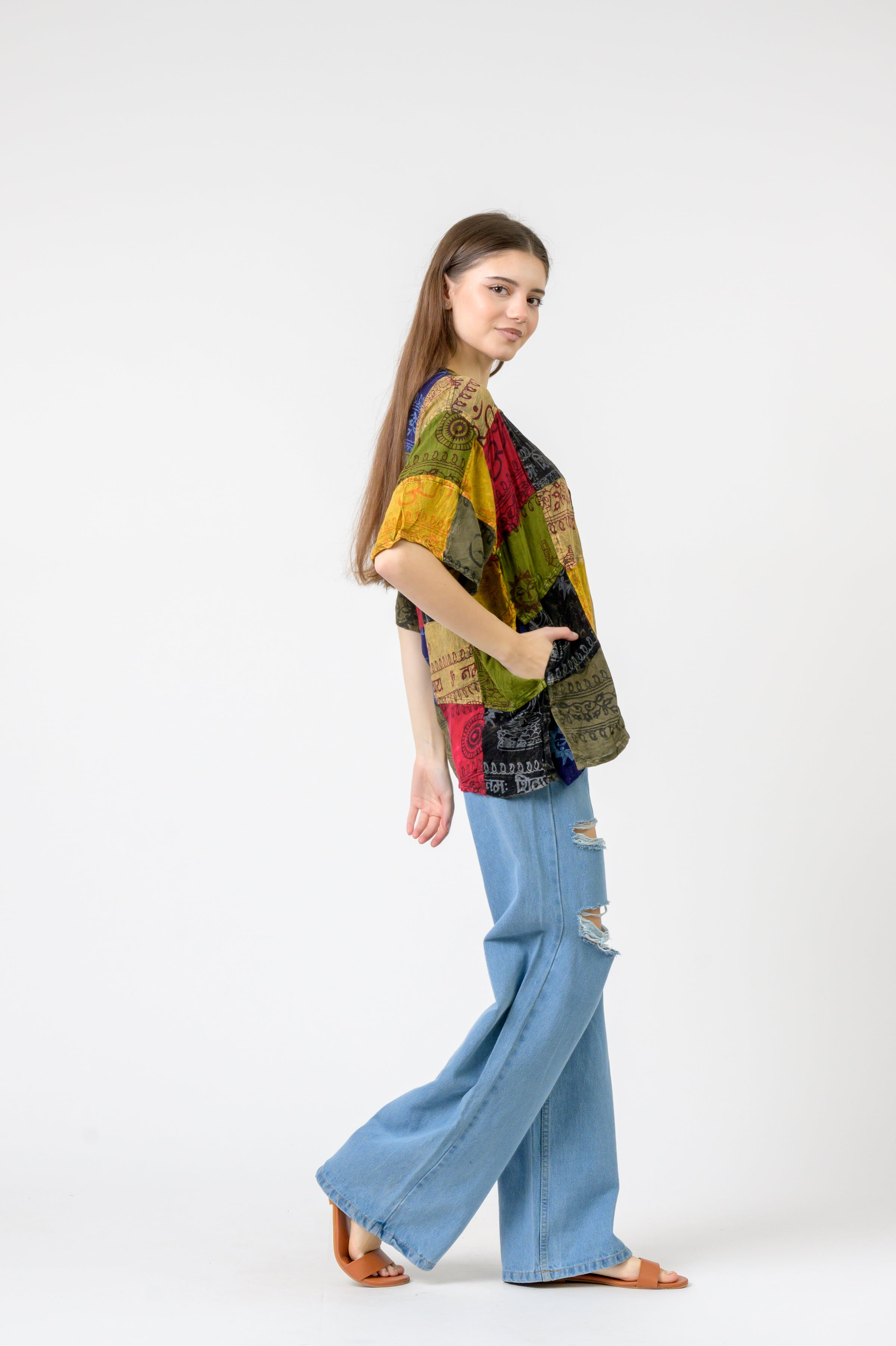 Rhea Om Print Pied Patch Short Sleeve Top