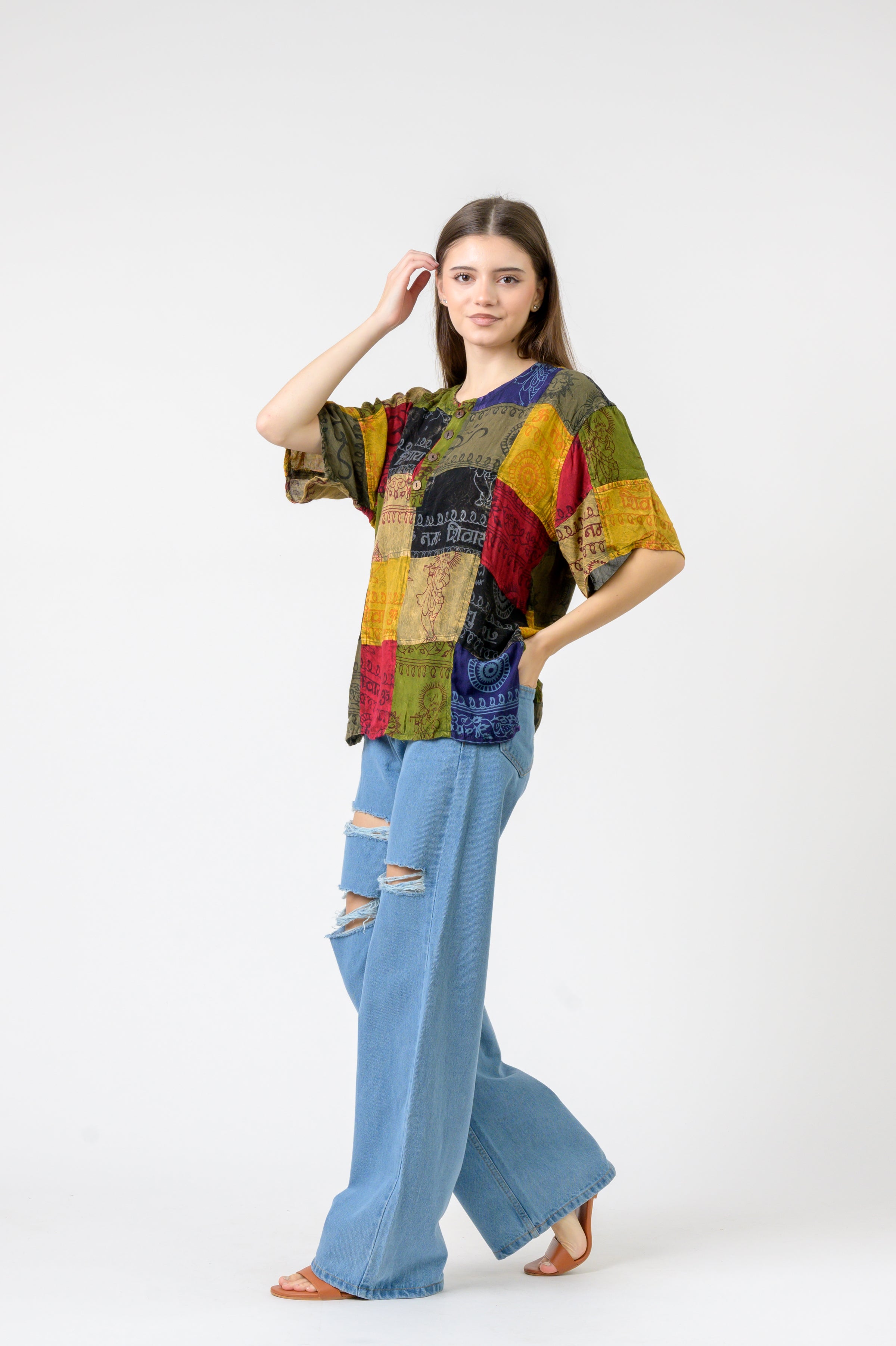 Rhea Om Print Pied Patch Short Sleeve Top