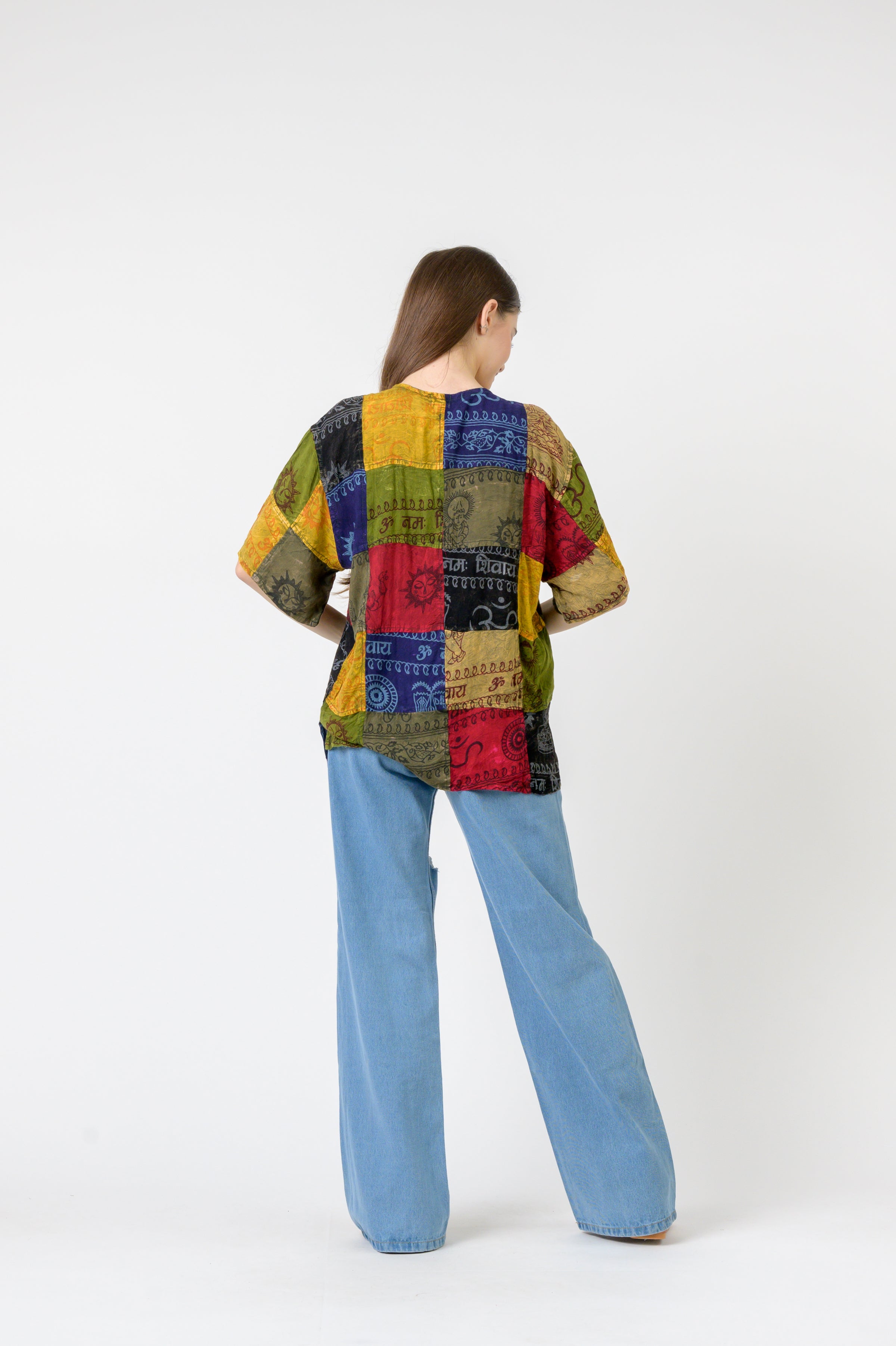 Rhea Om Print Pied Patch Short Sleeve Top