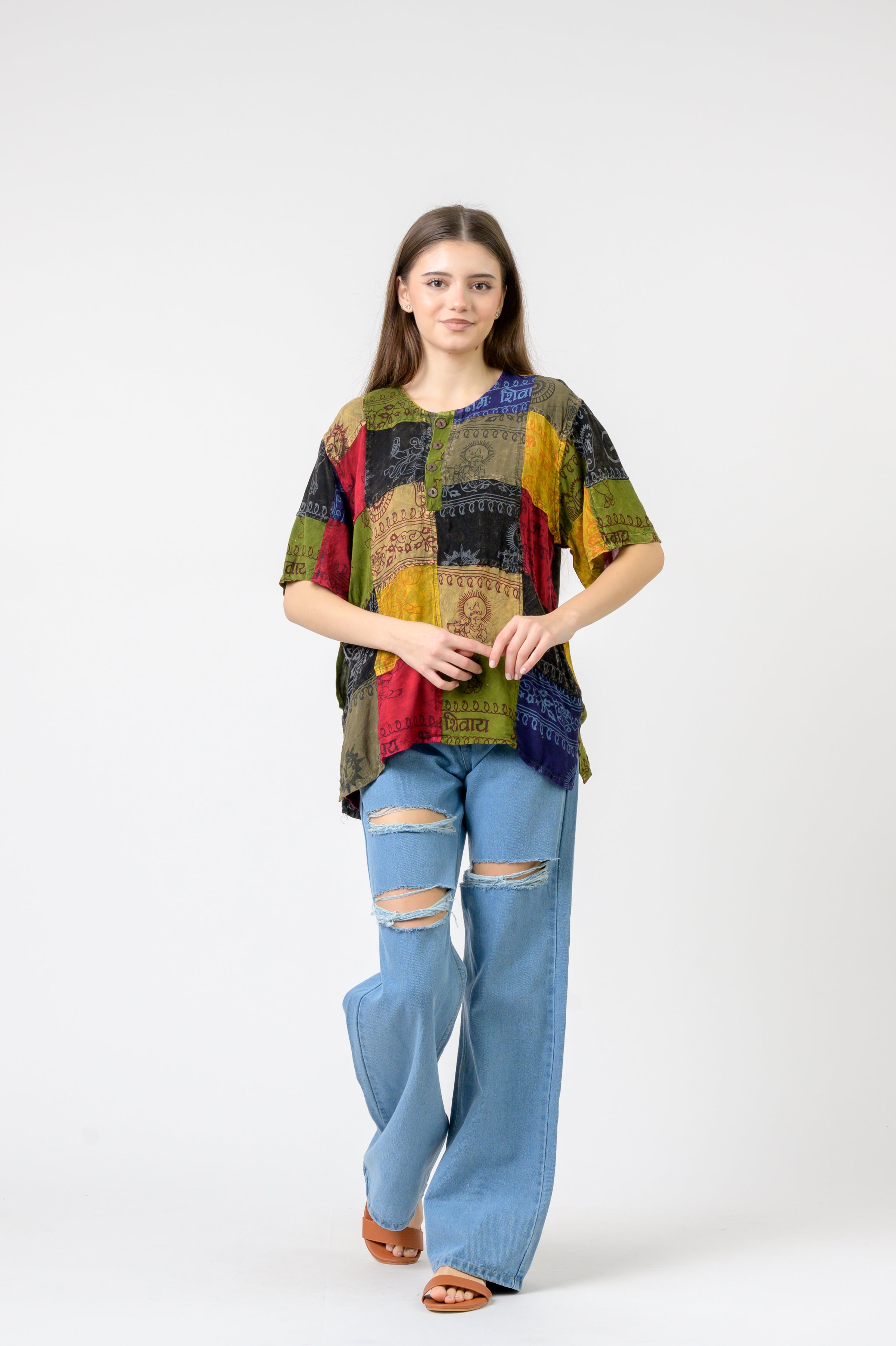 Rhea Om Print Pied Patch Short Sleeve Top