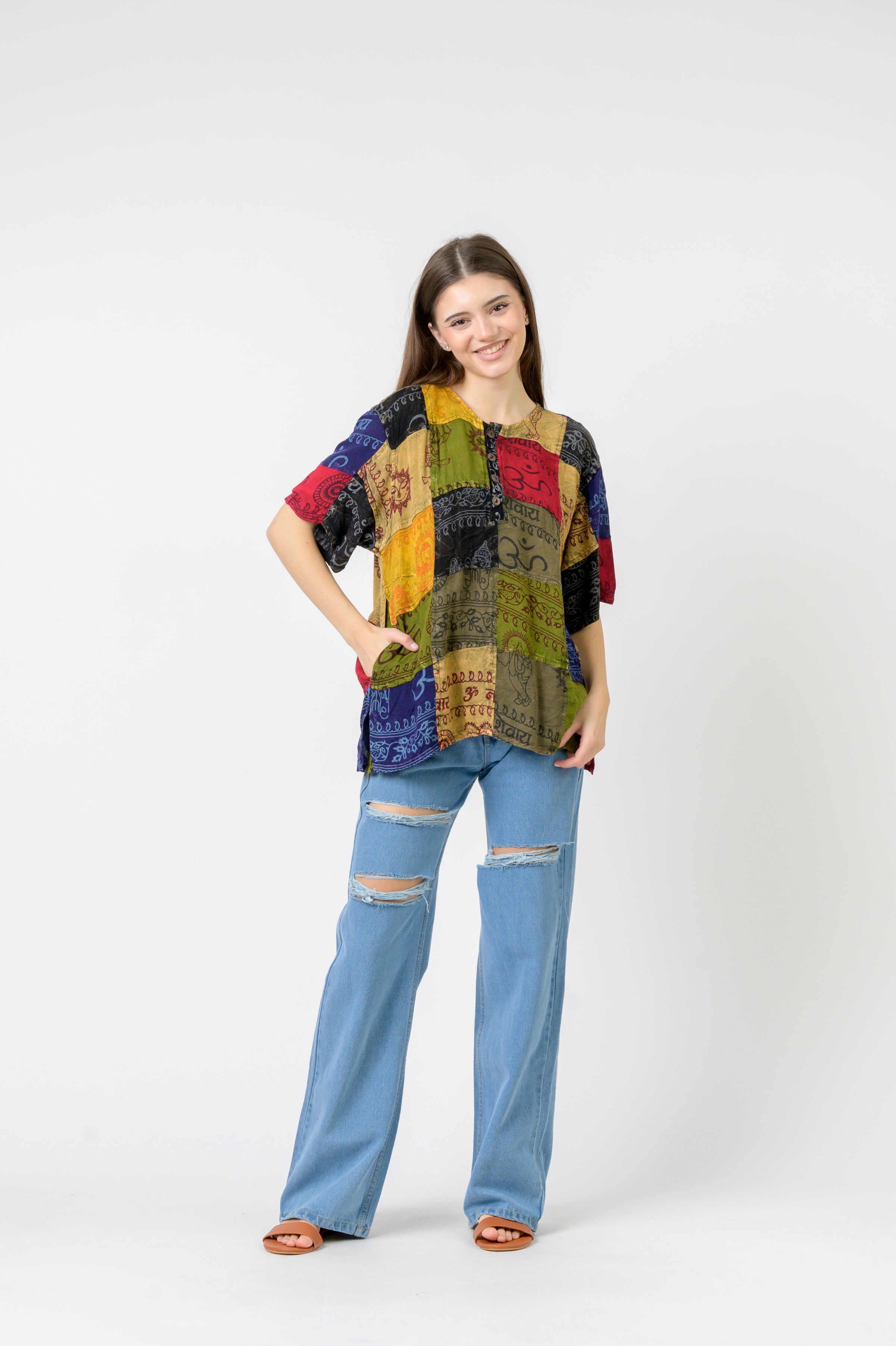 Rhea Om Print Pied Patch Short Sleeve Top