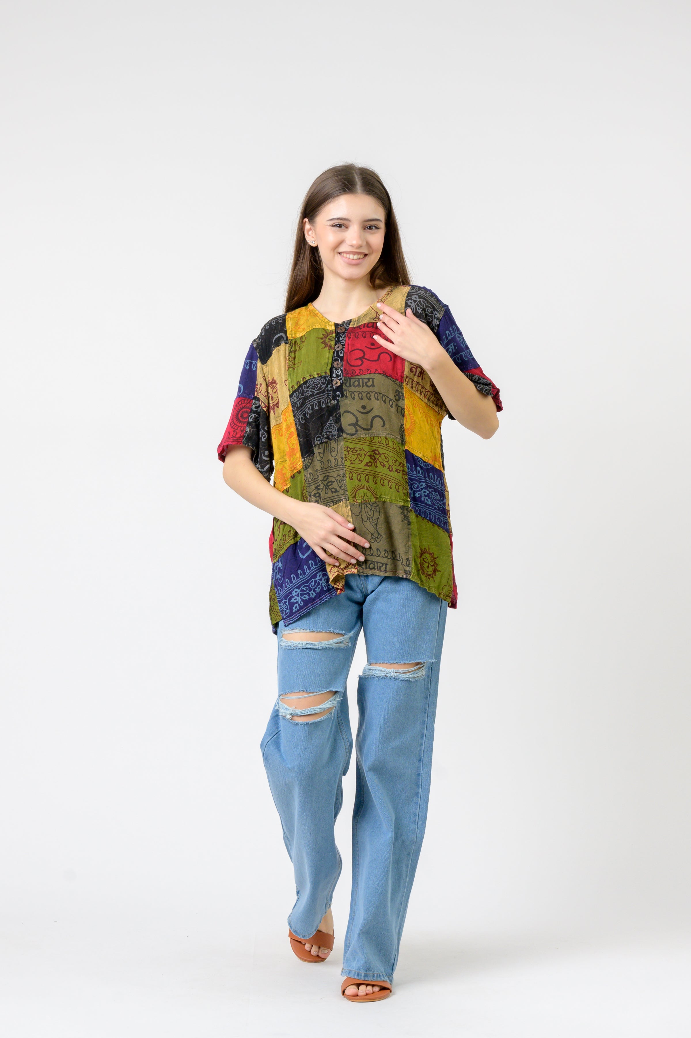 Rhea Om Print Pied Patch Short Sleeve Top