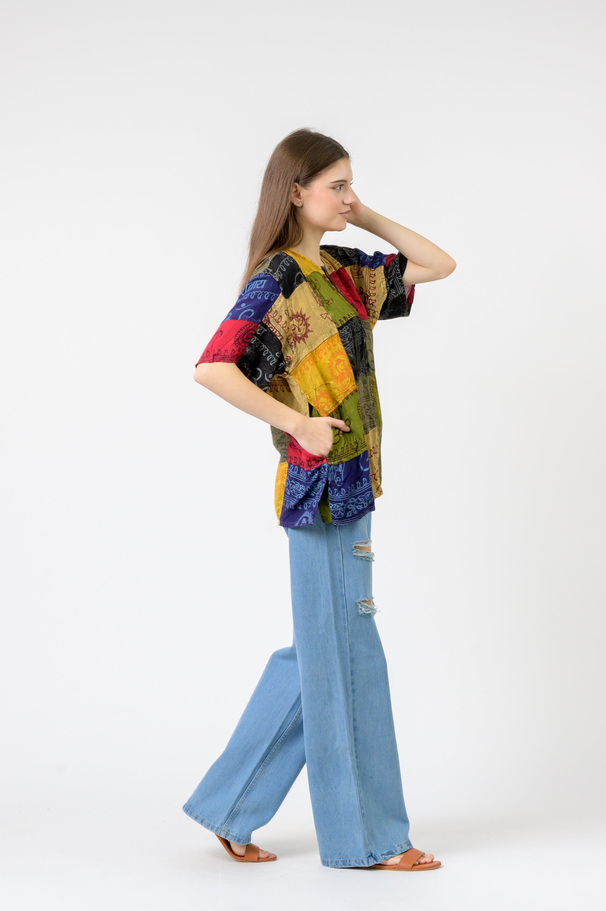 Rhea Om Print Pied Patch Short Sleeve Top