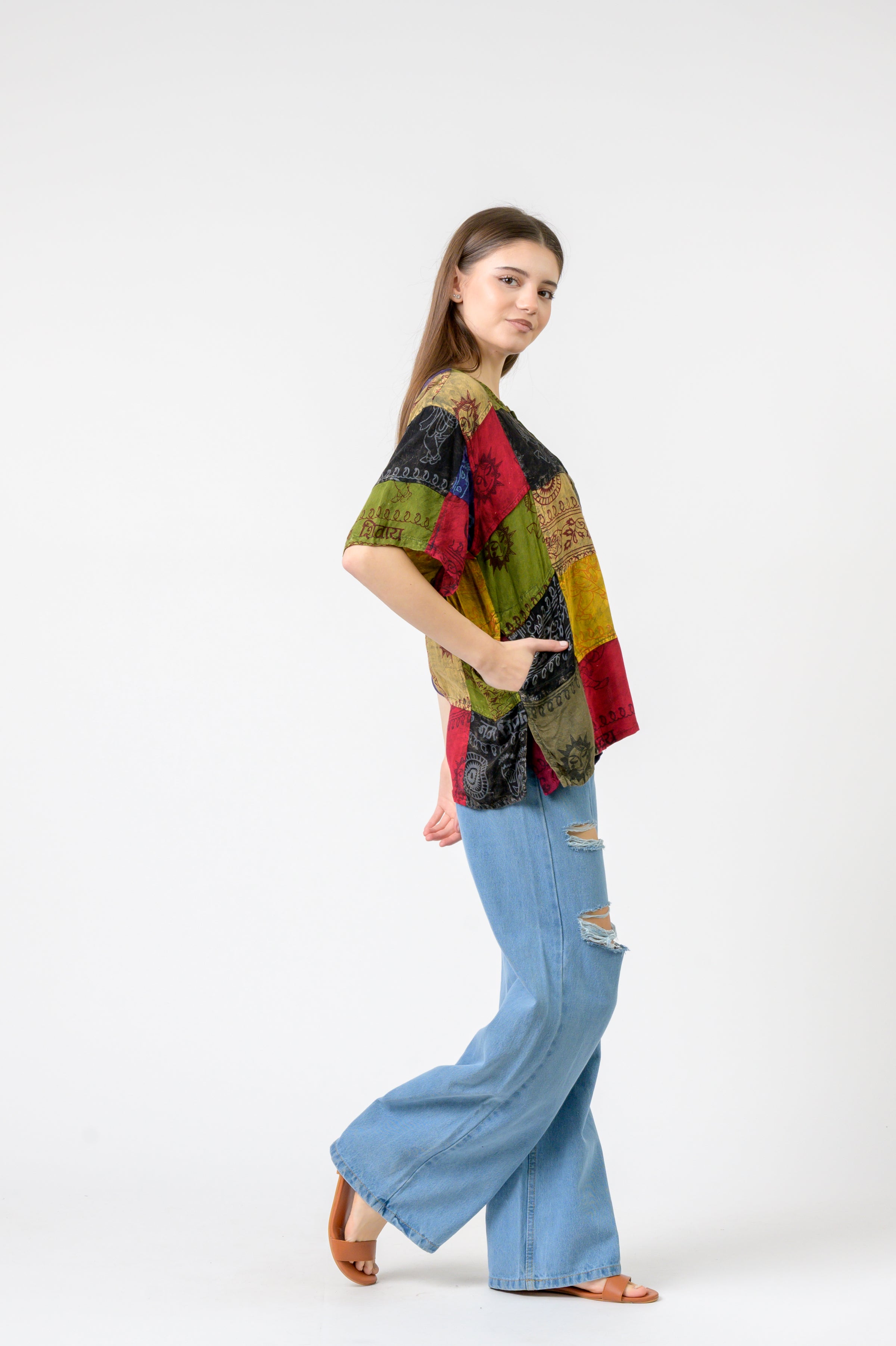 Rhea Om Print Pied Patch Short Sleeve Top