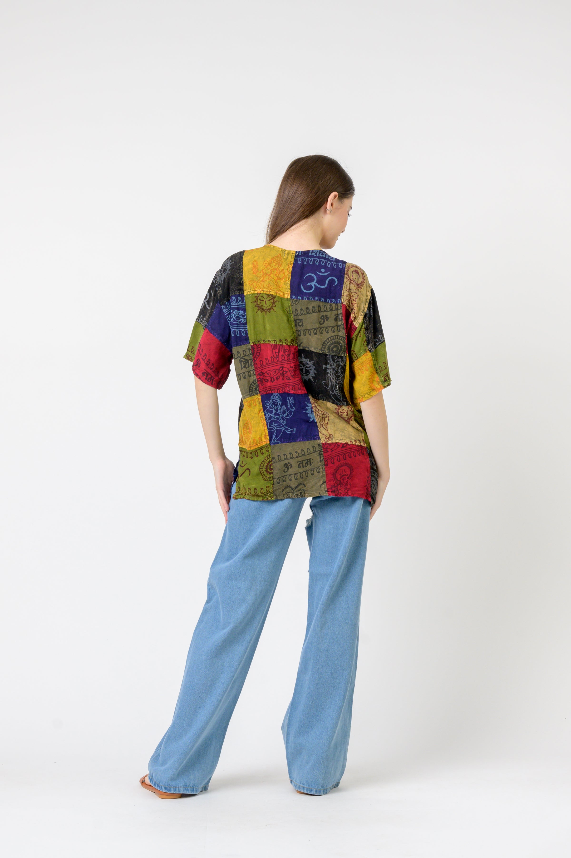 Rhea Om Print Pied Patch Short Sleeve Top