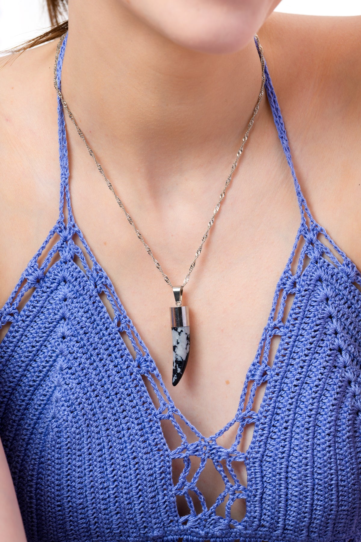 Snowflake Obsidian Tooth Pendant Necklace