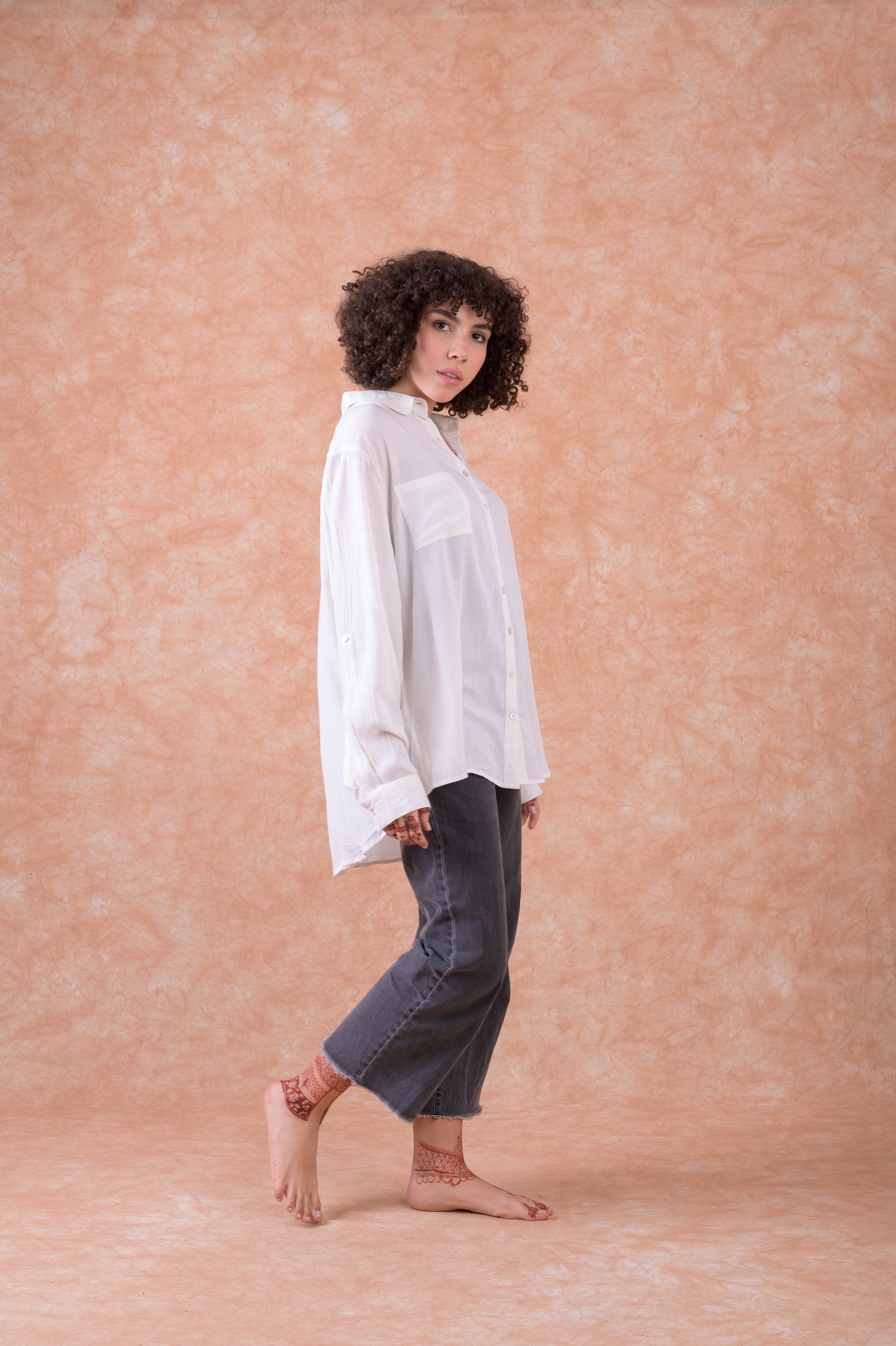 Rhea Nehru Collar Button Down Shirt White / S/M