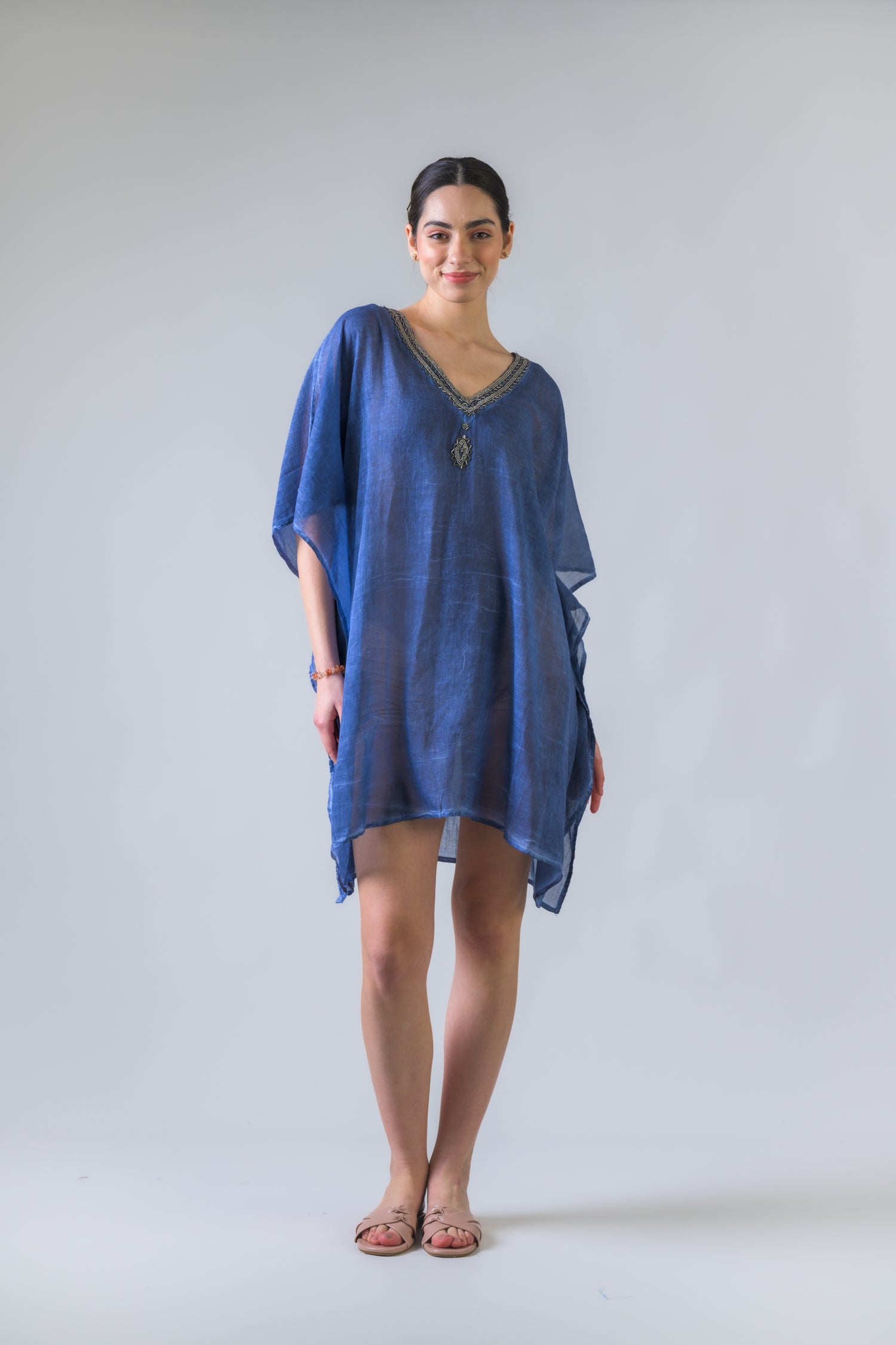 Rhea Bead Embroidered Kaftan Top Blue / One Size