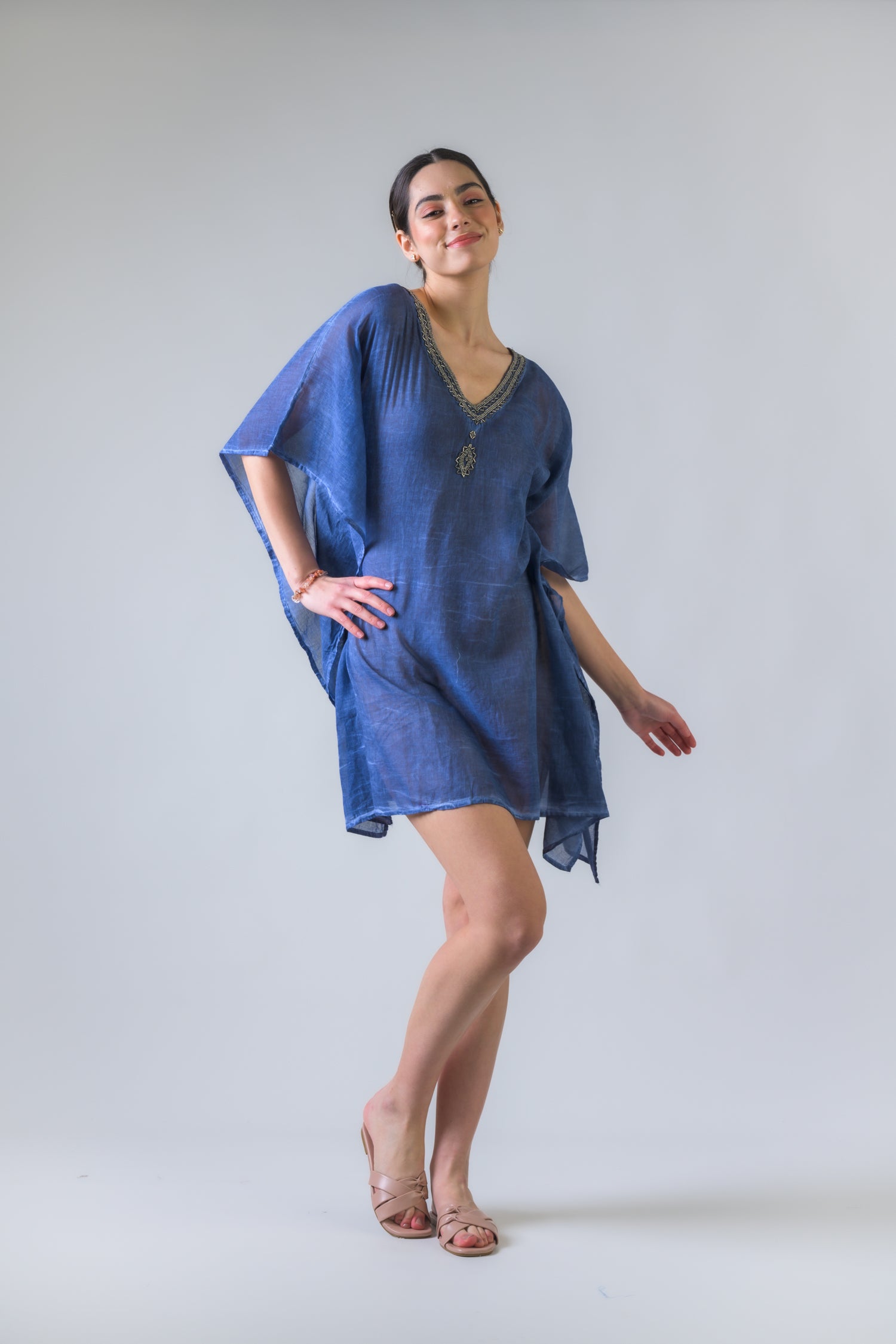 Rhea Bead Embroidered Kaftan Top Blue / One Size