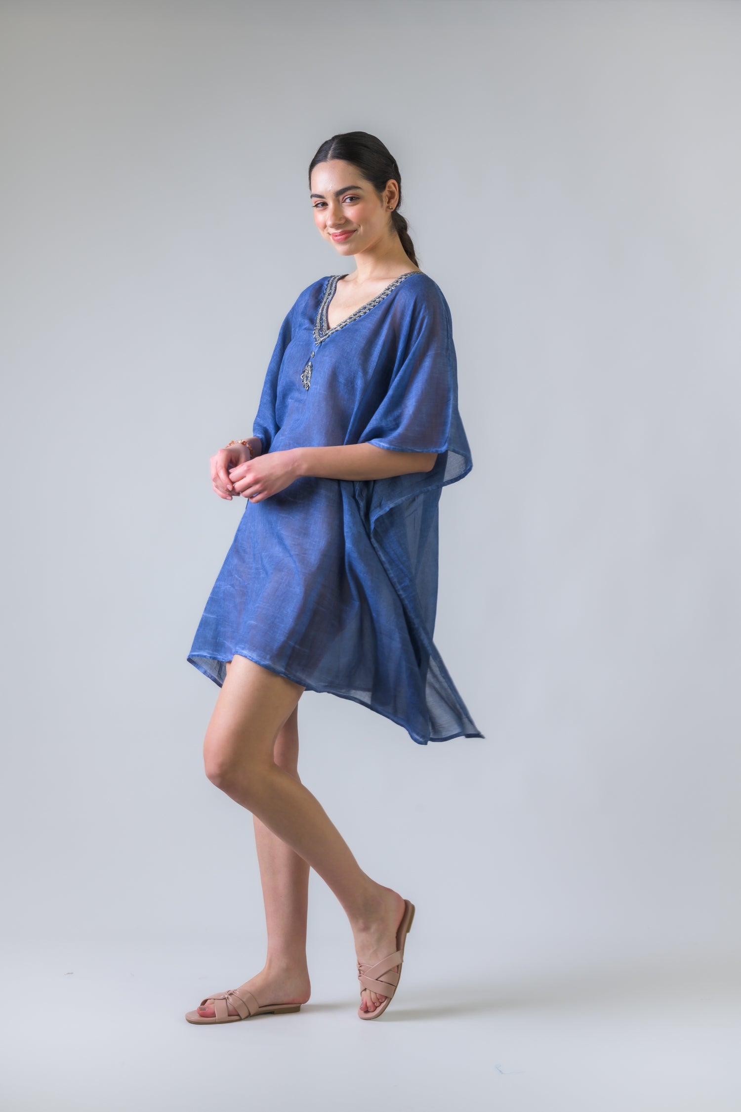 Rhea Bead Embroidered Kaftan Top Blue / One Size