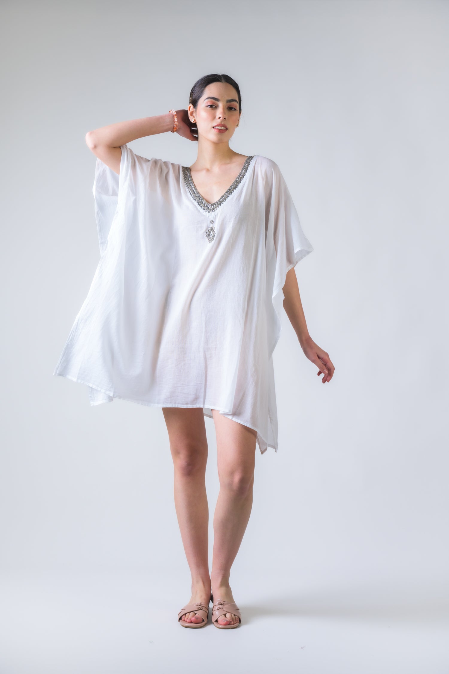 Rhea Bead Embroidered Kaftan Top White / One Size