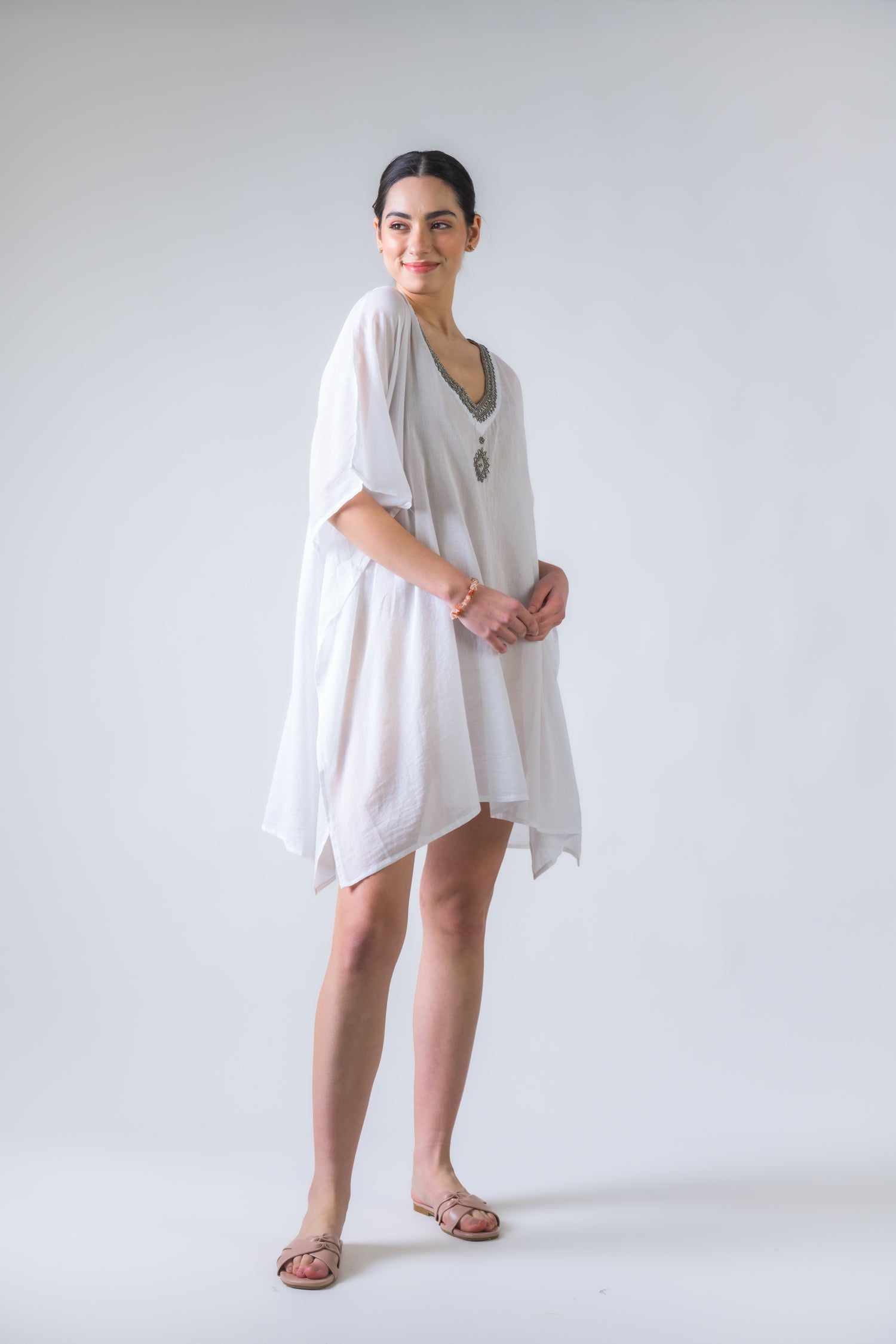 Rhea Bead Embroidered Kaftan Top White / One Size