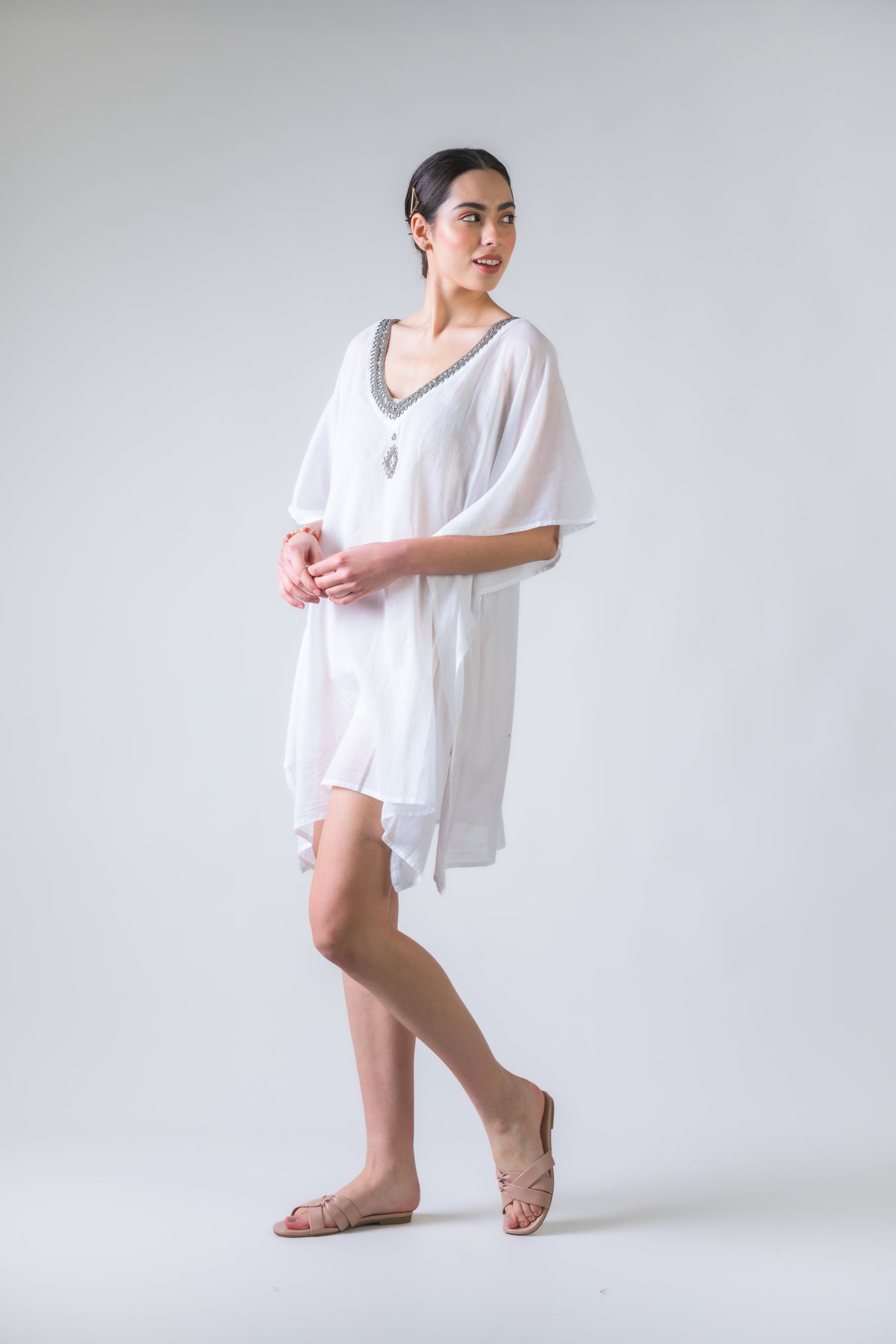 Rhea Bead Embroidered Kaftan Top White / One Size