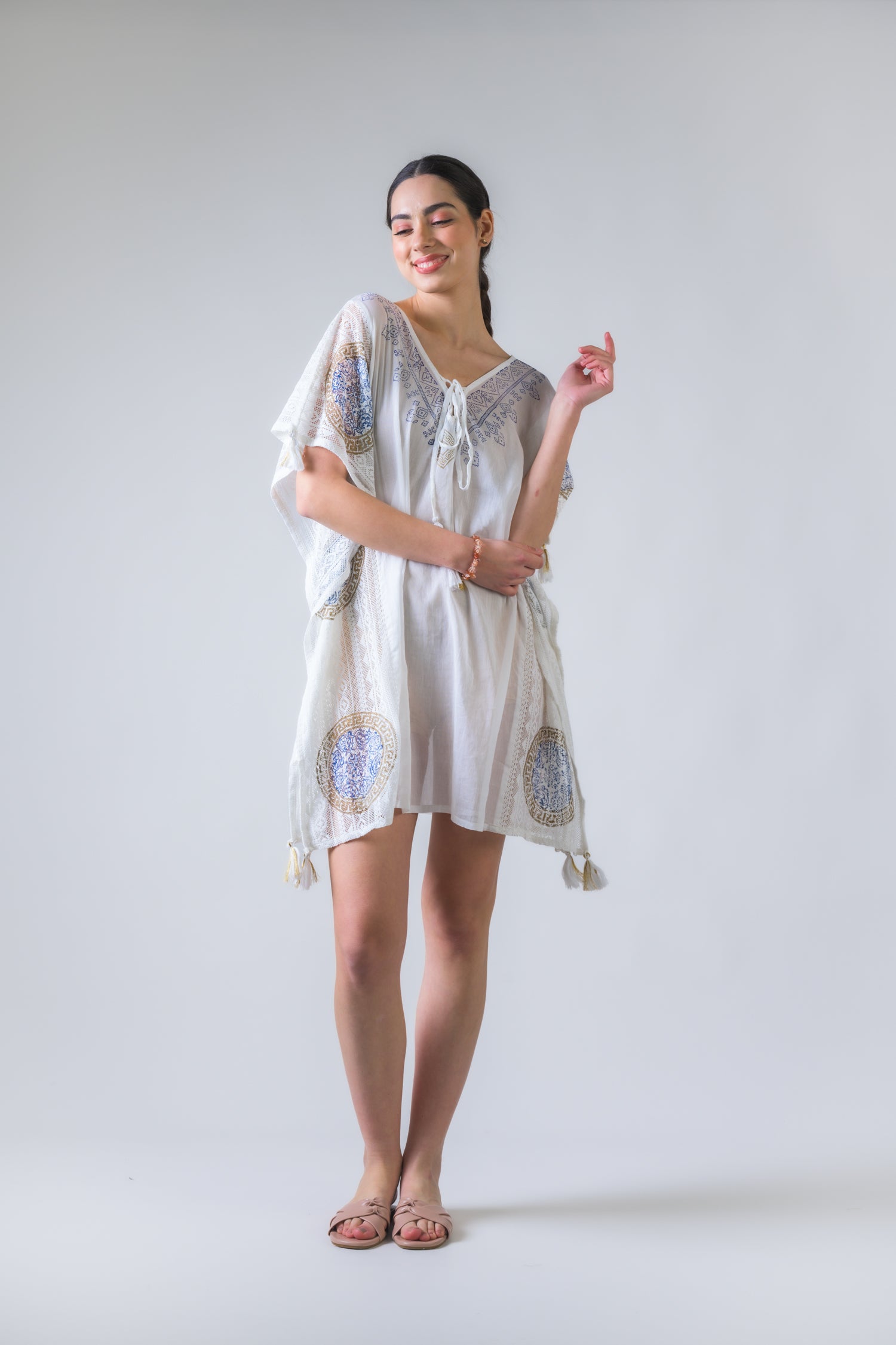 Rhea Open Side Pattern Print Short Kaftan White / One Size