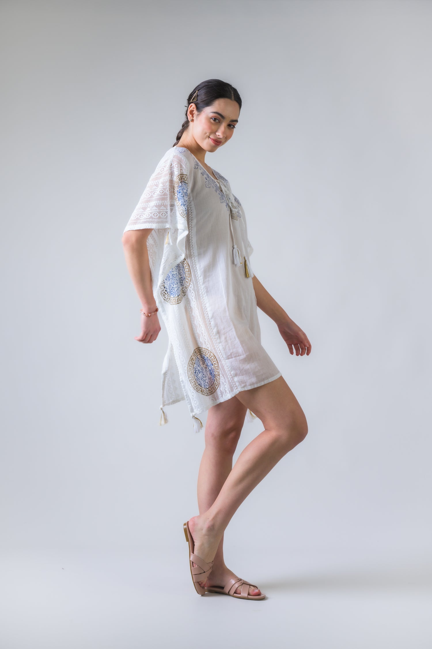 Rhea Open Side Pattern Print Short Kaftan White / One Size