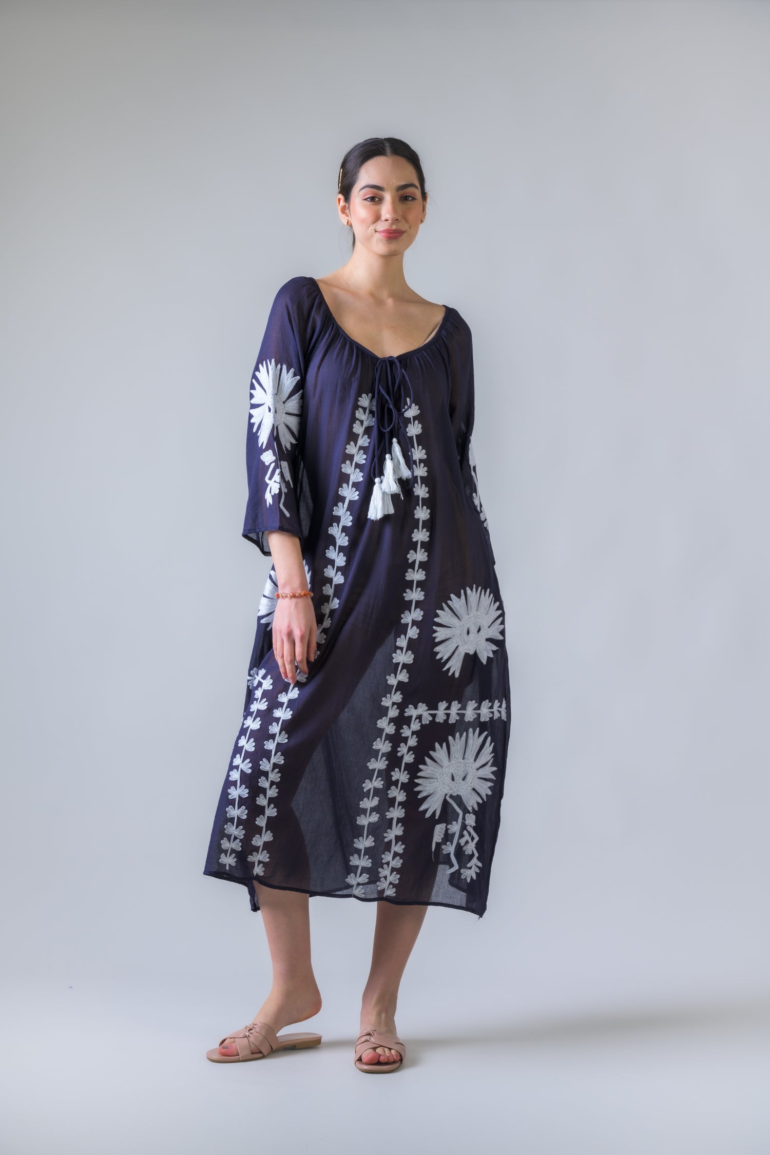 Rhea Hand Embroidered Pigment Dyed Tunic Navy Blue / One Size