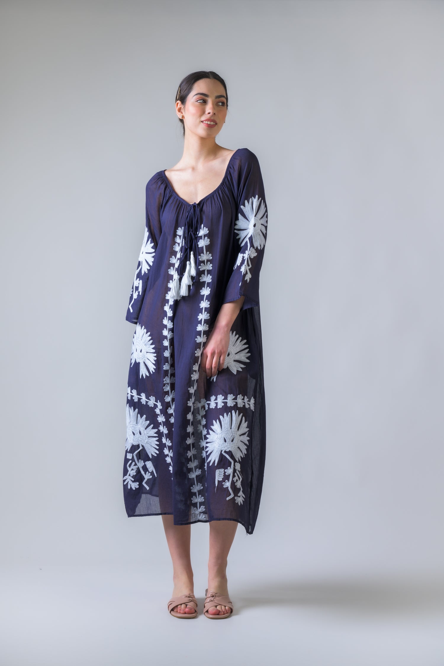 Rhea Hand Embroidered Pigment Dyed Tunic Navy Blue / One Size