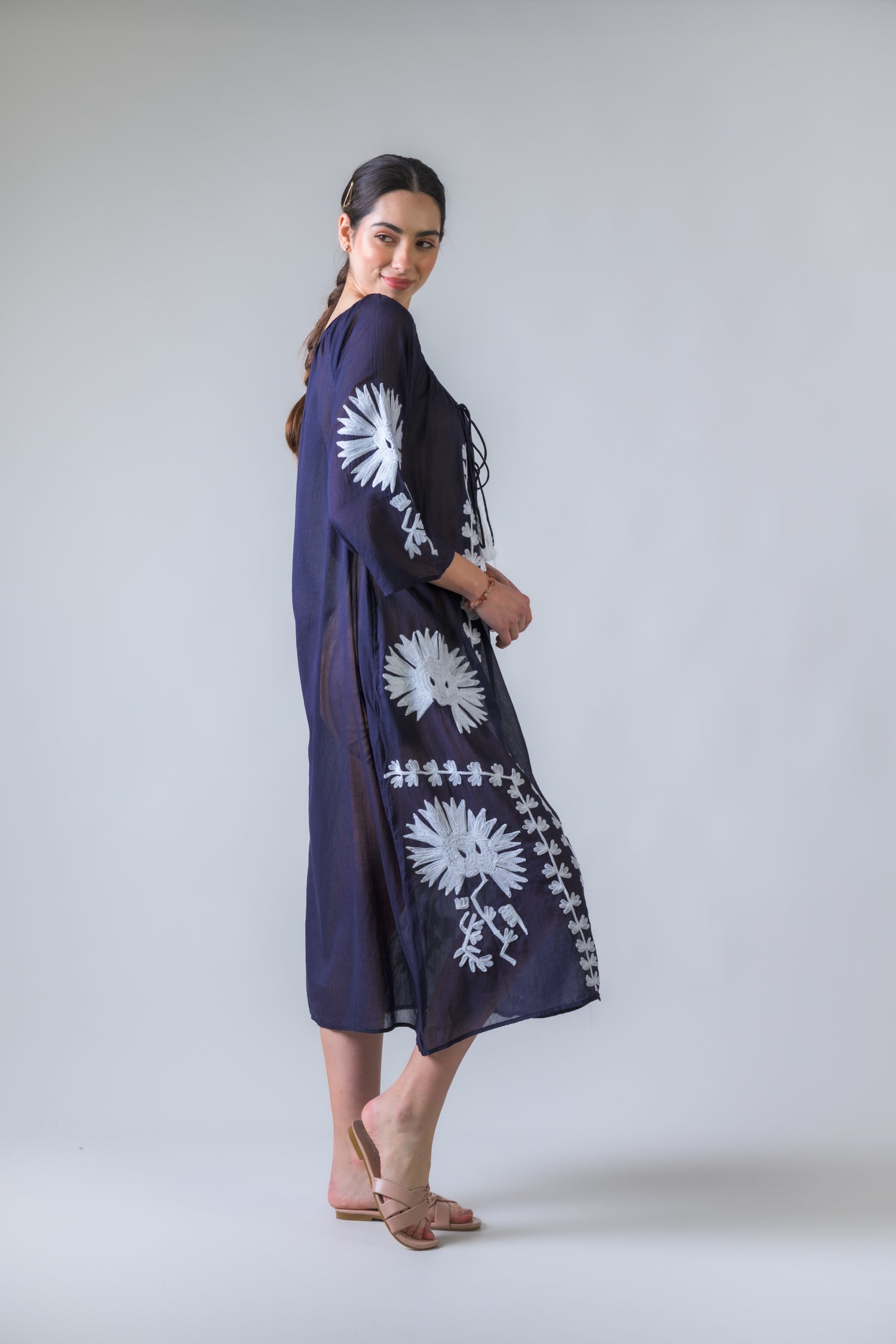 Rhea Hand Embroidered Pigment Dyed Tunic Navy Blue / One Size