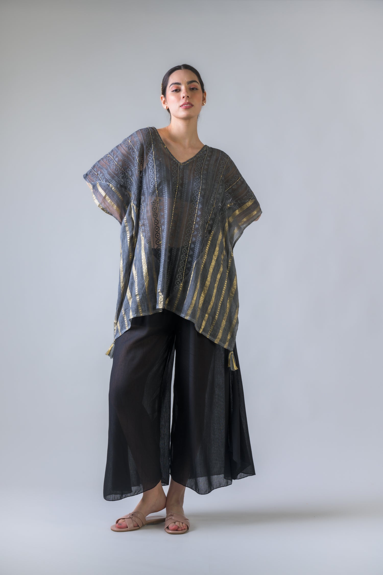 Rhea Mesh and Foil Print Kaftan Top Grey / One Size