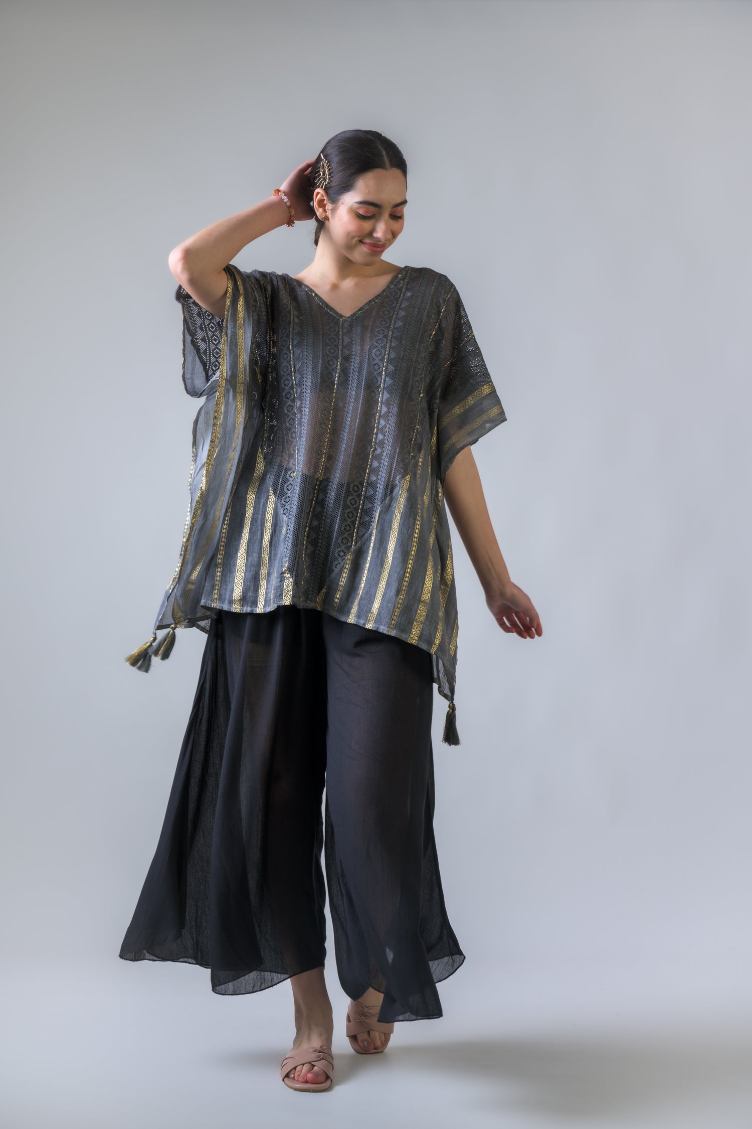 Rhea Mesh and Foil Print Kaftan Top Grey / One Size
