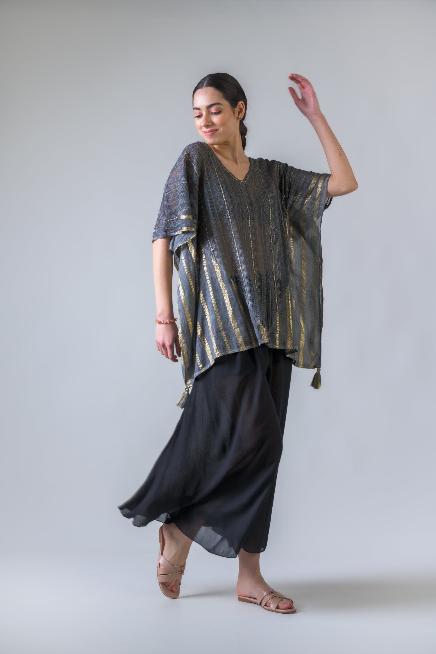 Rhea Mesh and Foil Print Kaftan Top Grey / One Size