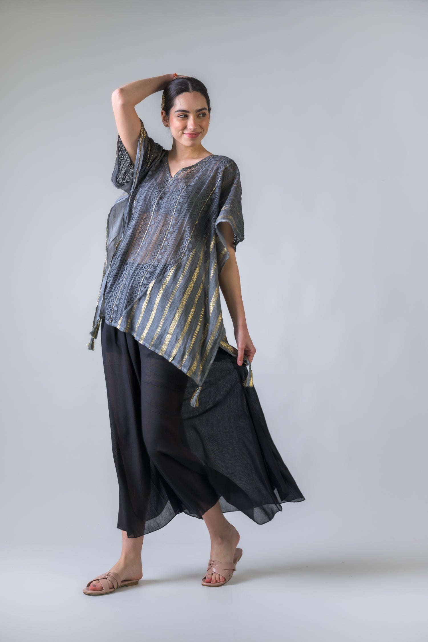 Rhea Mesh and Foil Print Kaftan Top Grey / One Size