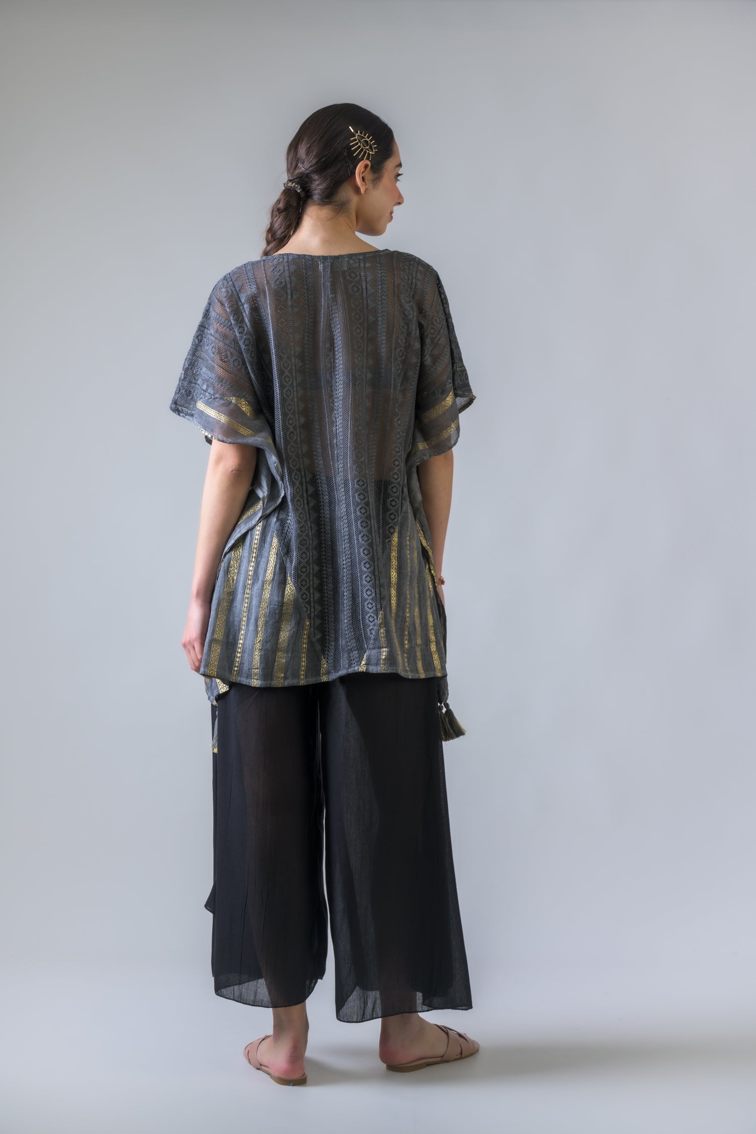 Rhea Mesh and Foil Print Kaftan Top Grey / One Size
