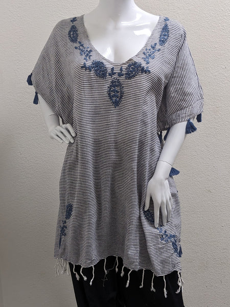 Embroidered Short Kaftan Top - Denim; One Size; 100% Cotton