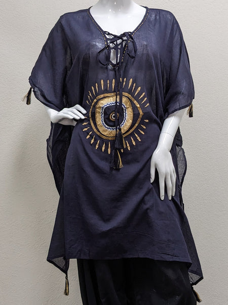 Evil Eye Brief Kaftan - Navy; One Size; 100% Cotton
