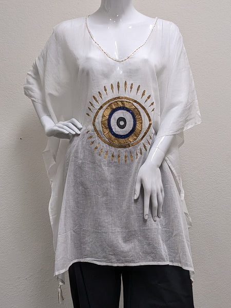 Evil Eye Brief Kaftan - White; One Size; 100% Cotton
