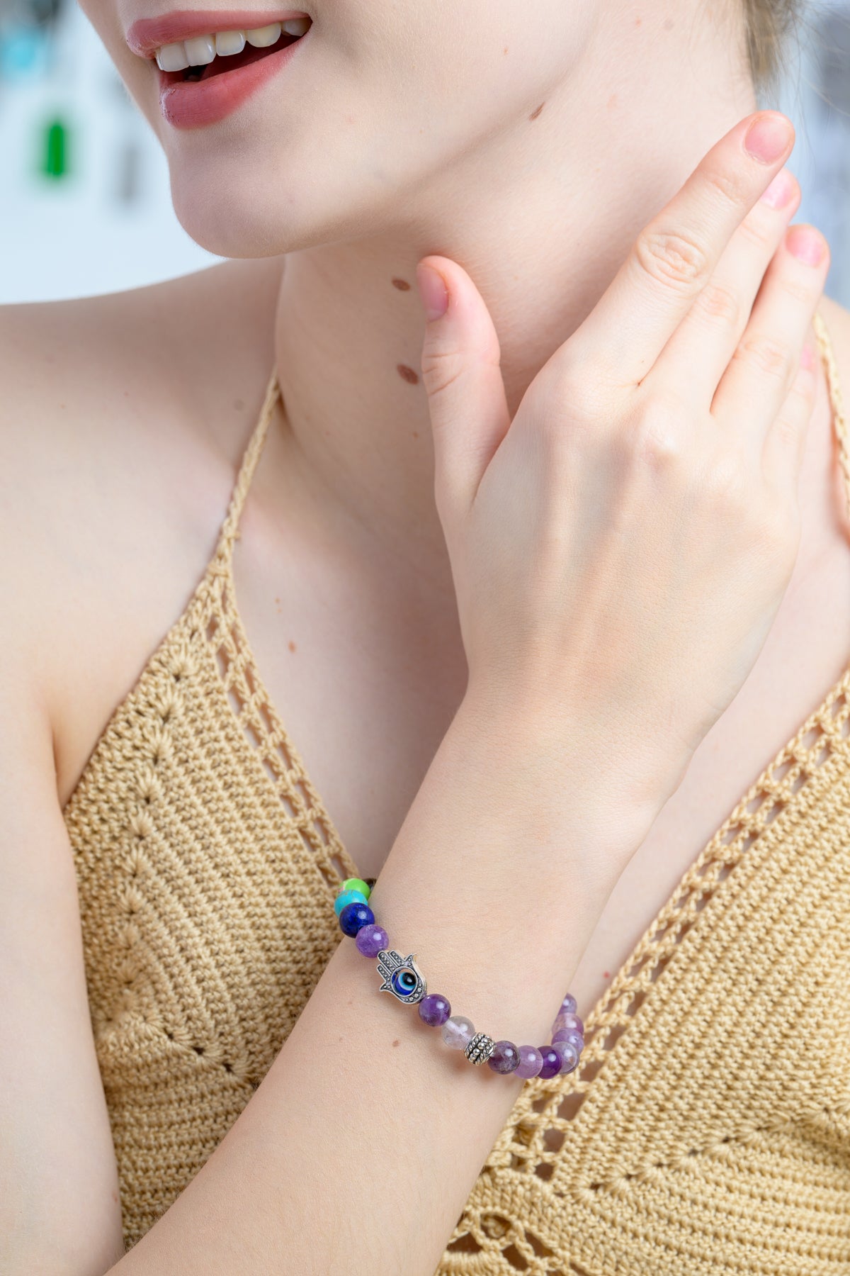 7 Chakras Amethyst with Hamsa Bracelet