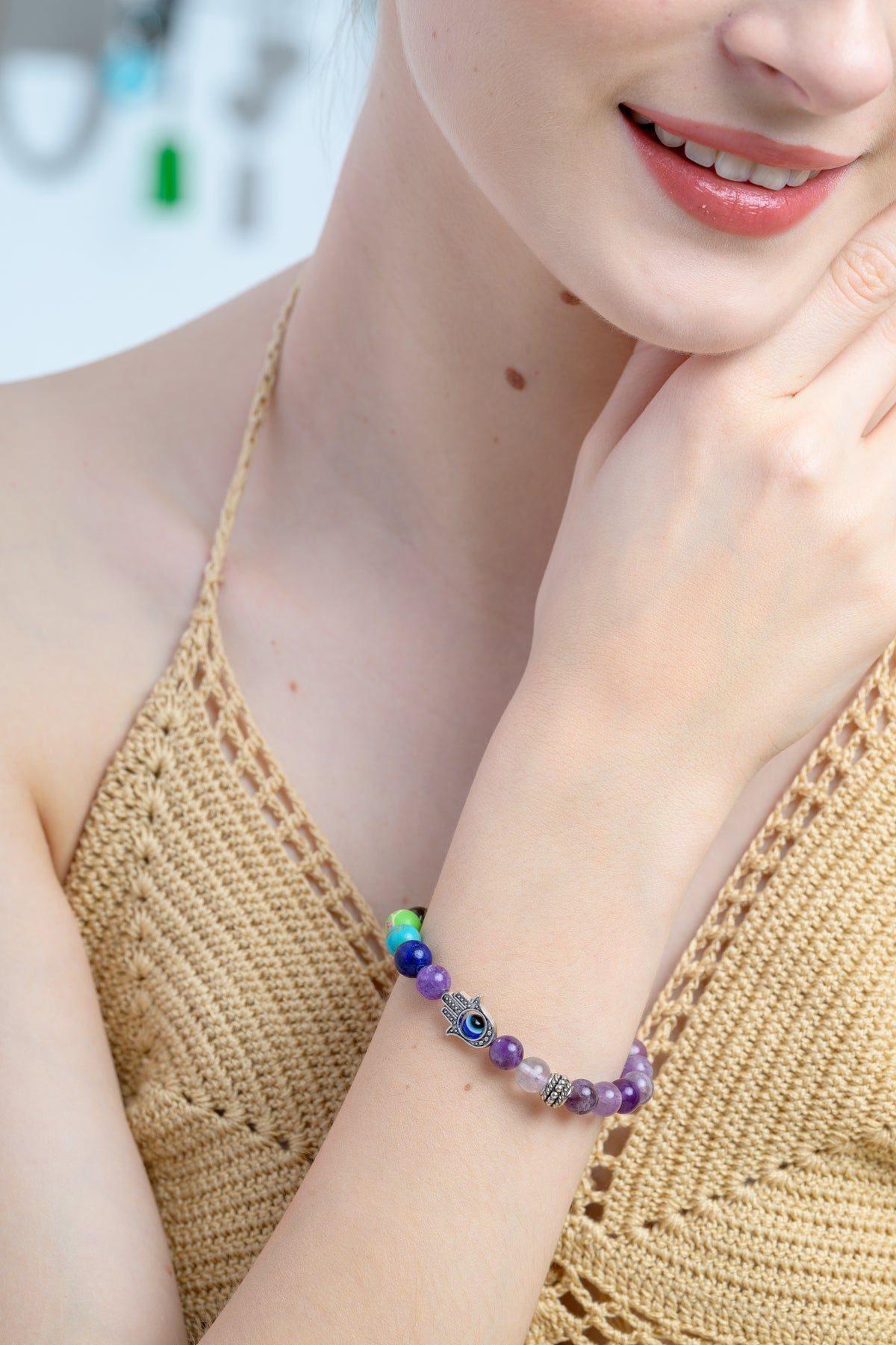 7 Chakras Amethyst with Hamsa Bracelet