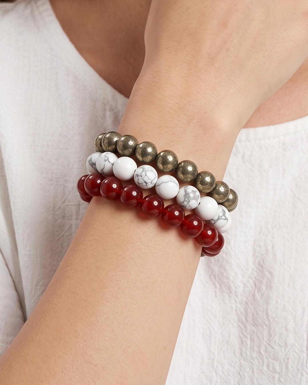 Crimson White & Gray, Team Spirit Bracelet Stack, Gemstone Bracelet Set - 10mm