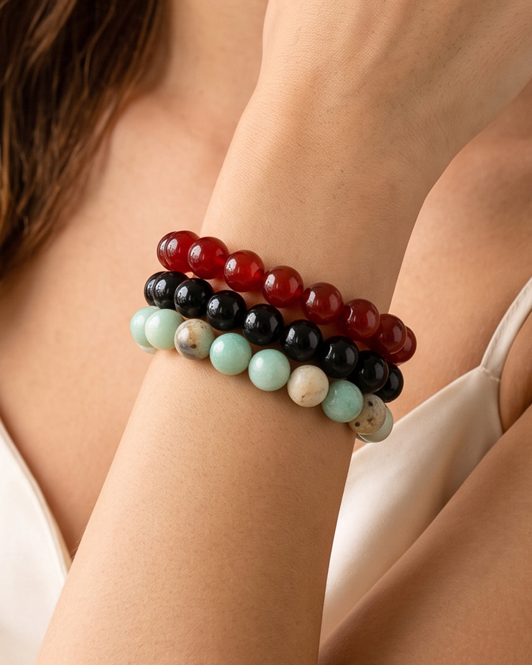 Red Black Teal & white, Team Spirit Bracelet Stack, Gemstone Bracelet Set - 6mm